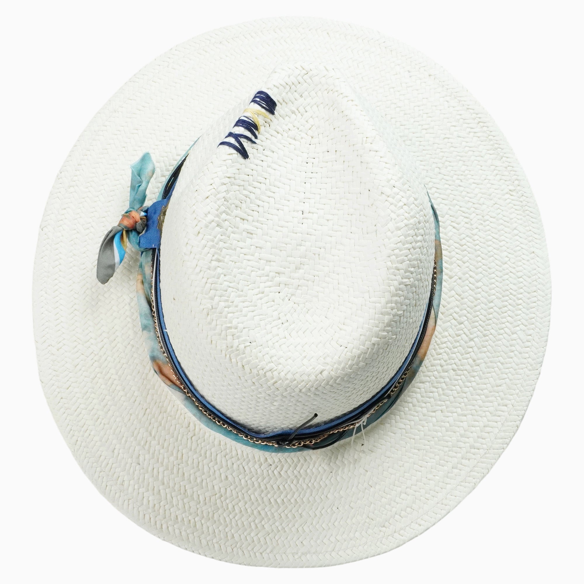 White Breathable Straw Hat with Beaded & Eagle Charm Band
