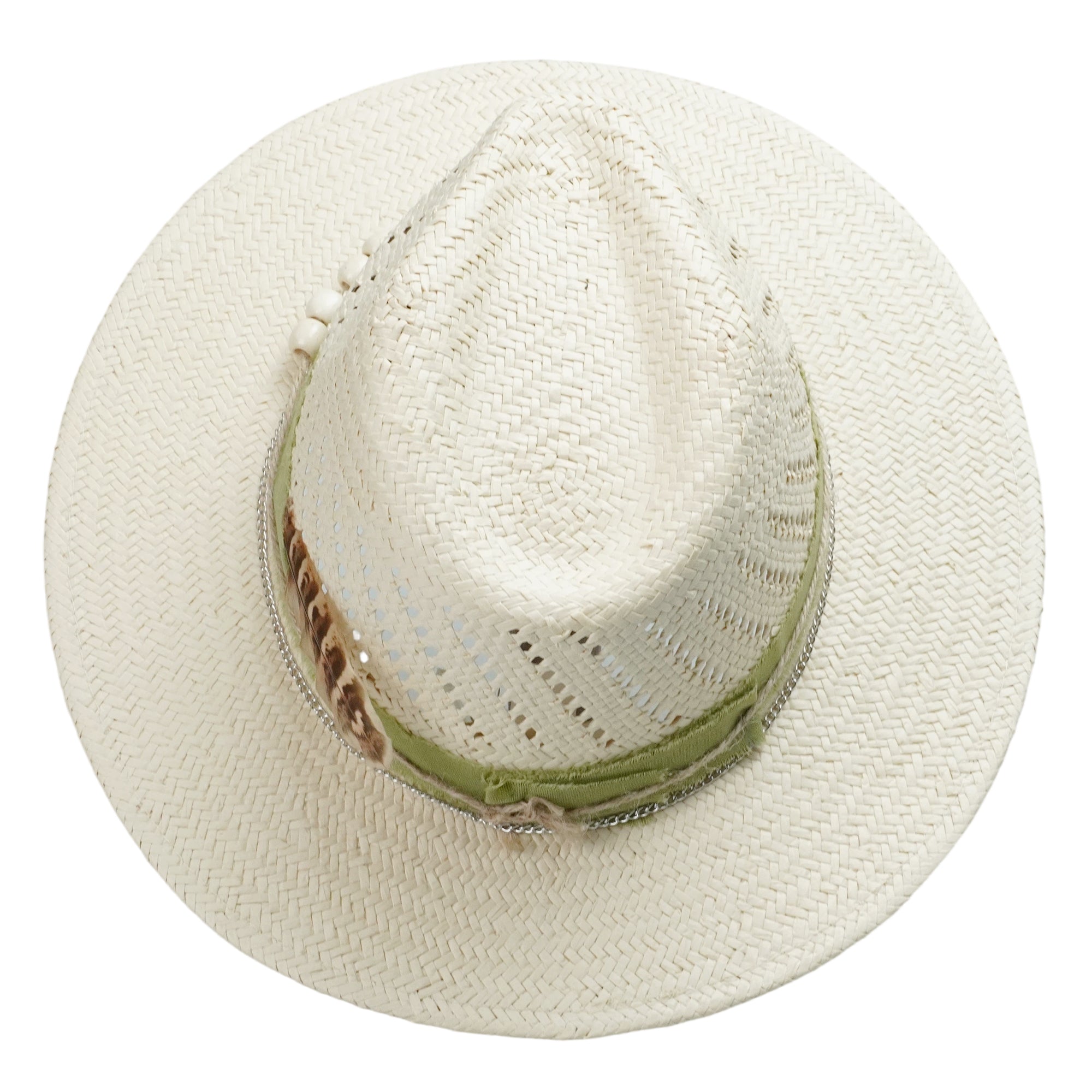 Off-White Straw Hat with Green Fabric Band & Silver Chain