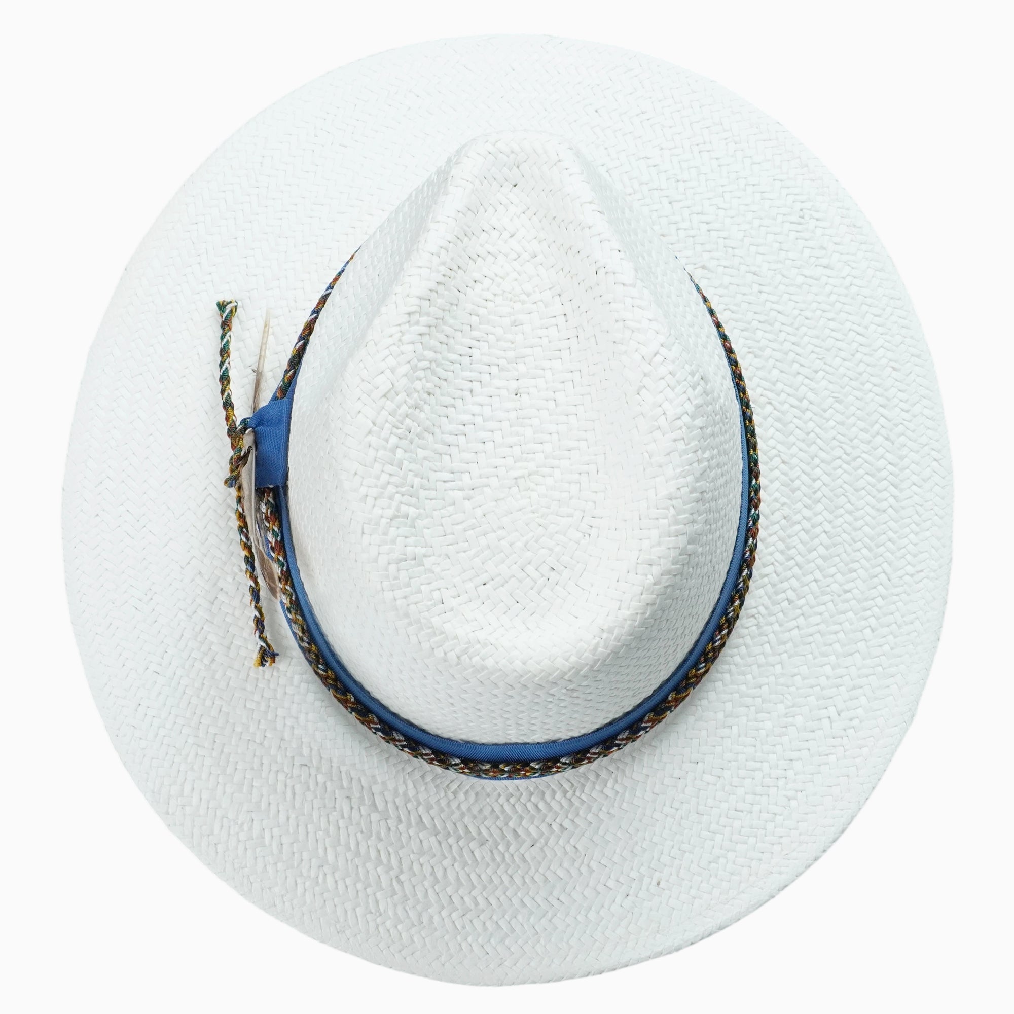 White Breathable Straw Fedora with Blue Ribbon, Braided Cord & Feather Trim
