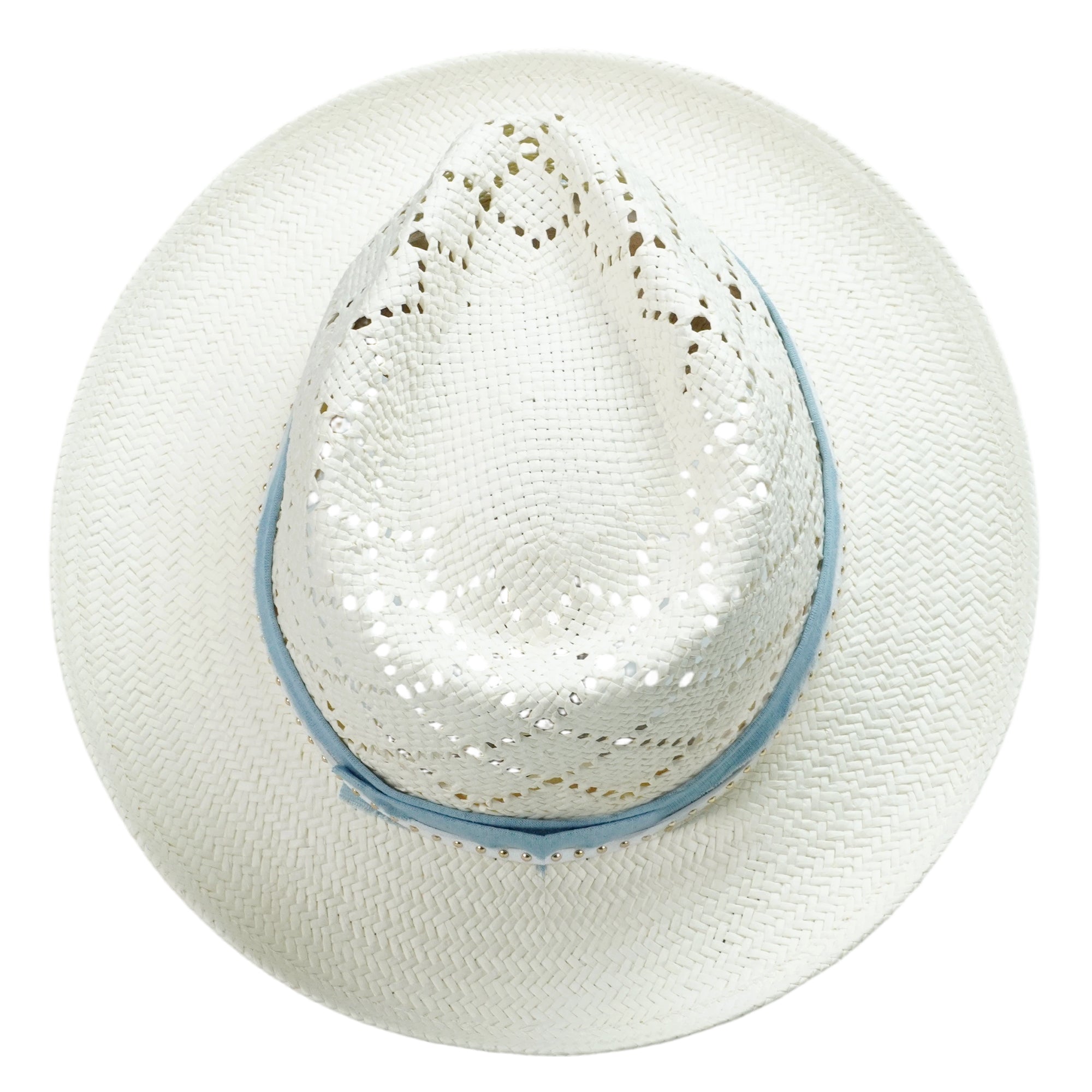White Straw Hat with Cutout Crown & Light Blue Band