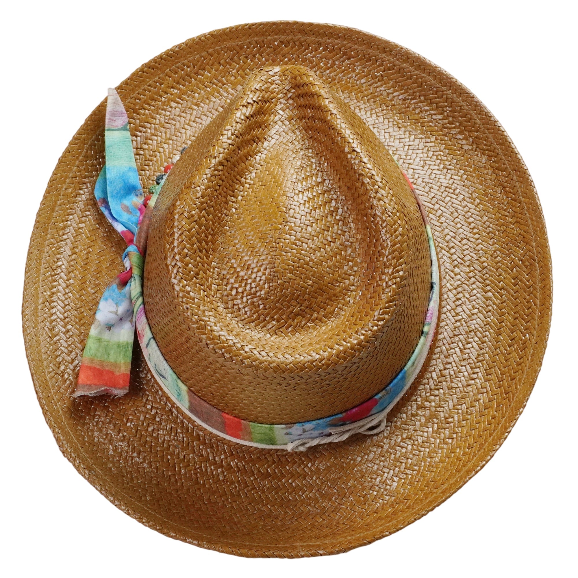 Caramel Straw Hat with Colorful Fabric Band & Beads