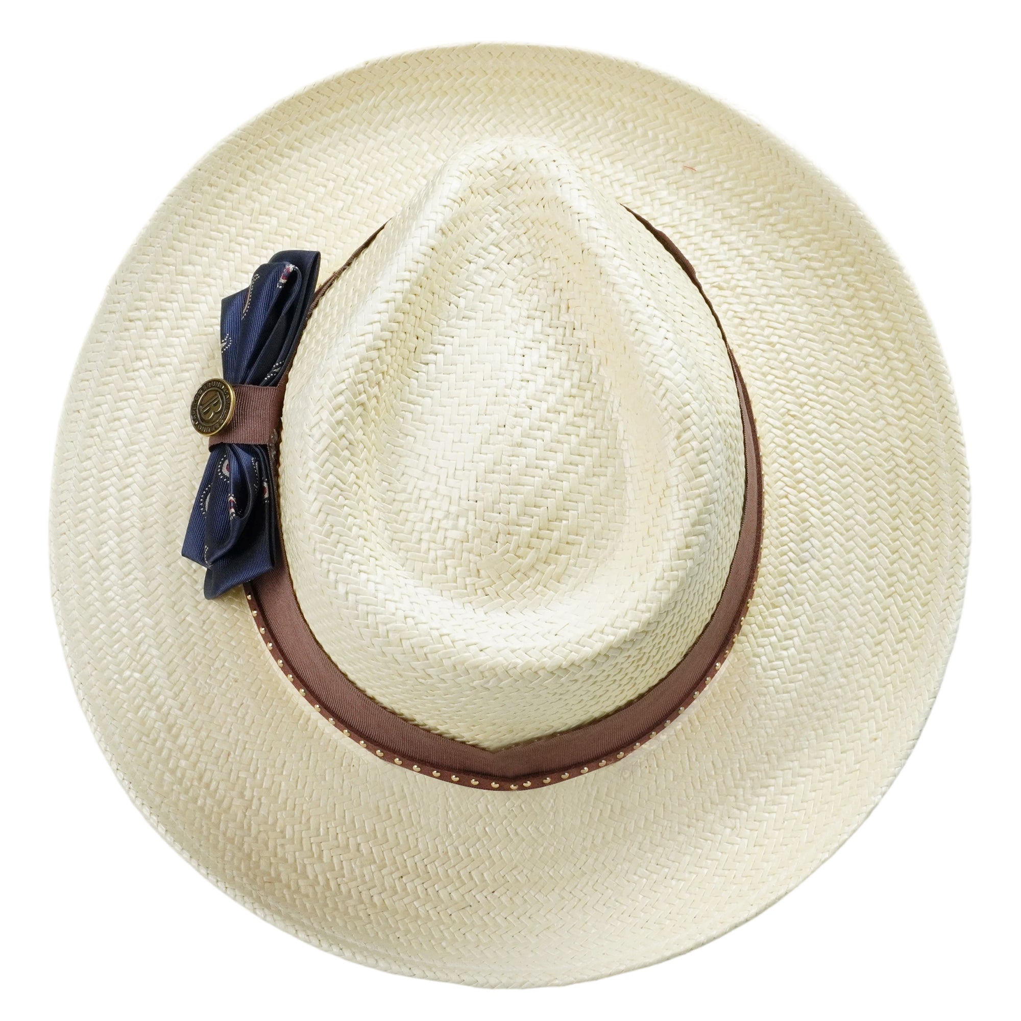 Off-White Straw Hat with Blue Bow & Brown Band