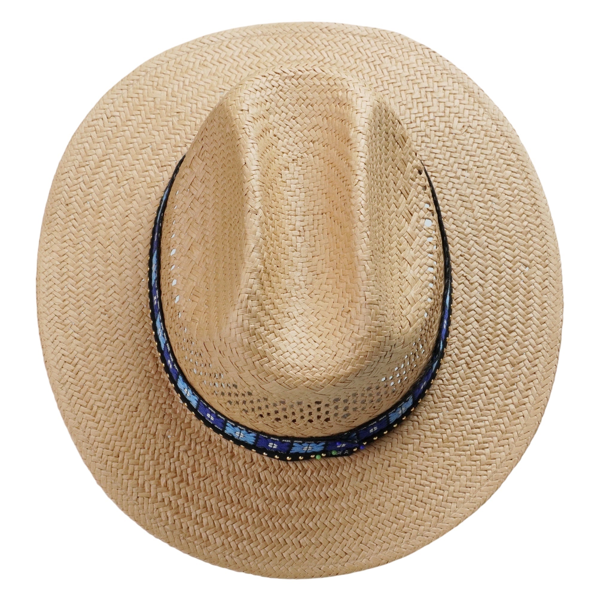 Light Brown Straw Hat with Blue Print Band & Black Cord