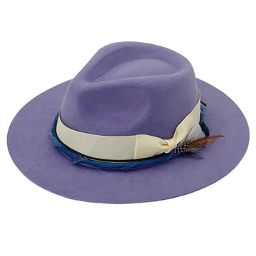 Violet Flat-Brim – White Bow, Blue & Feather