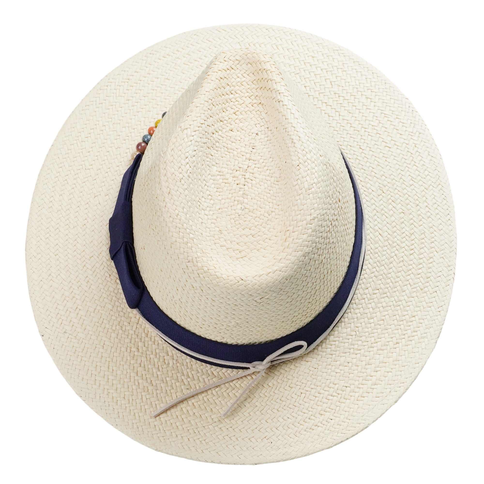 Beige Straw Hat with Dark Blue Wide Band & Colorful Beads