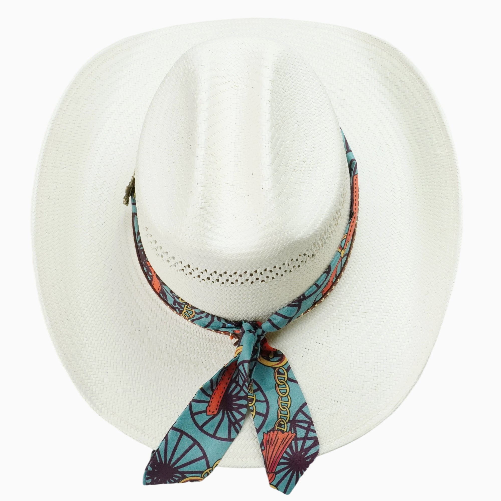 Light Off-White Breathable Straw Fedora with Printed Scarf & Fairy Charm