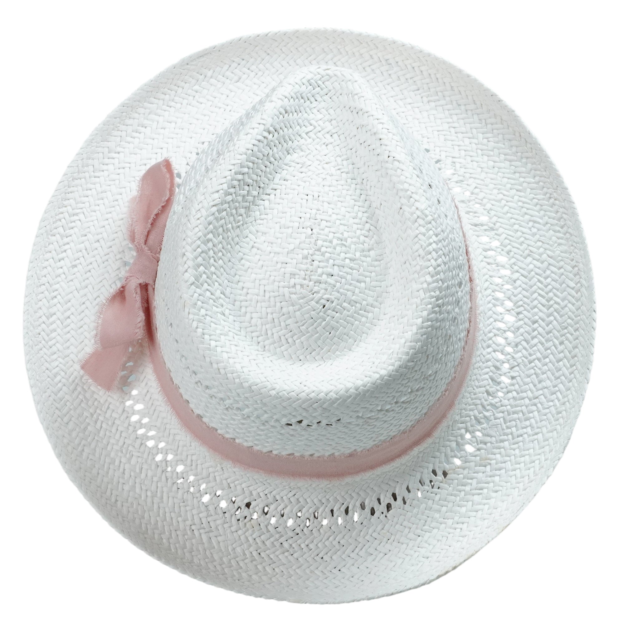 White Straw Hat with Cutout Crown & Light Pink Bow