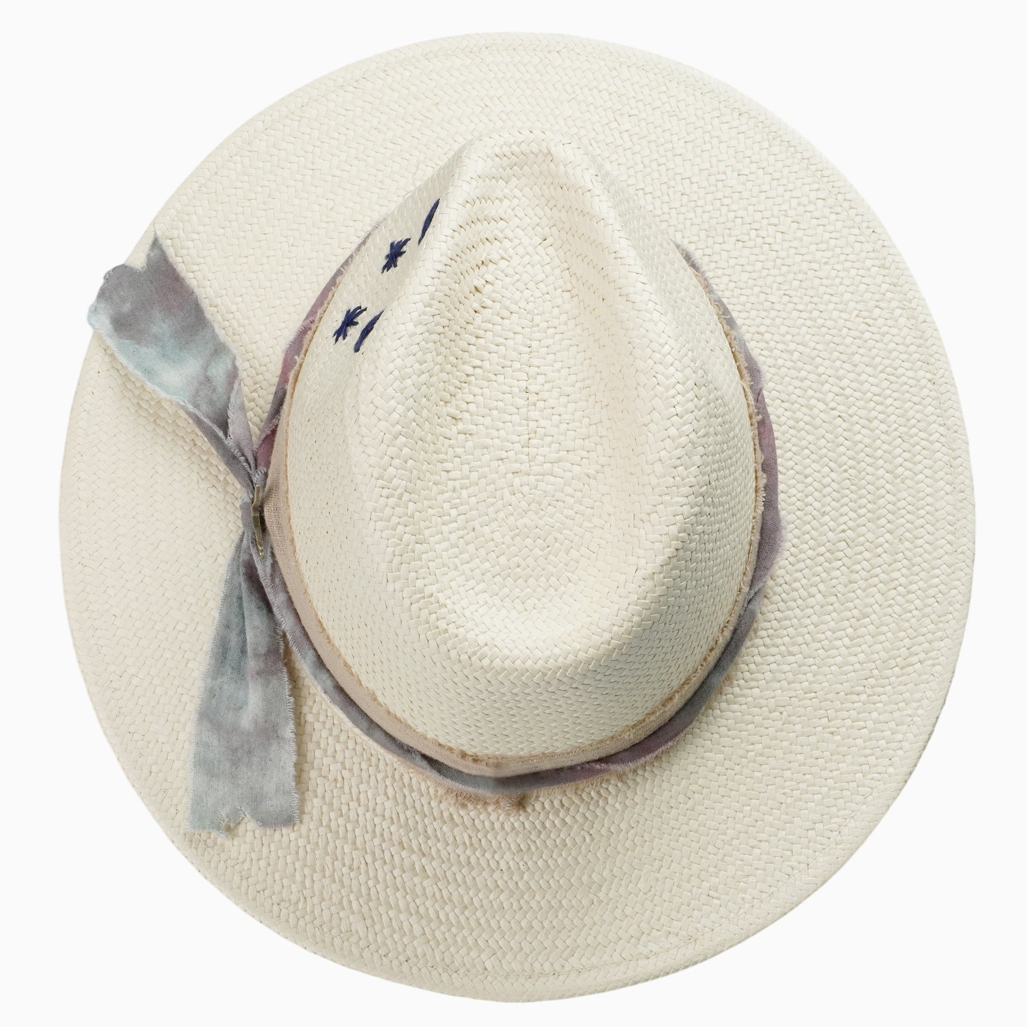 Beige Breathable Straw Fedora with Distressed Fabric & Eagle Charm Band