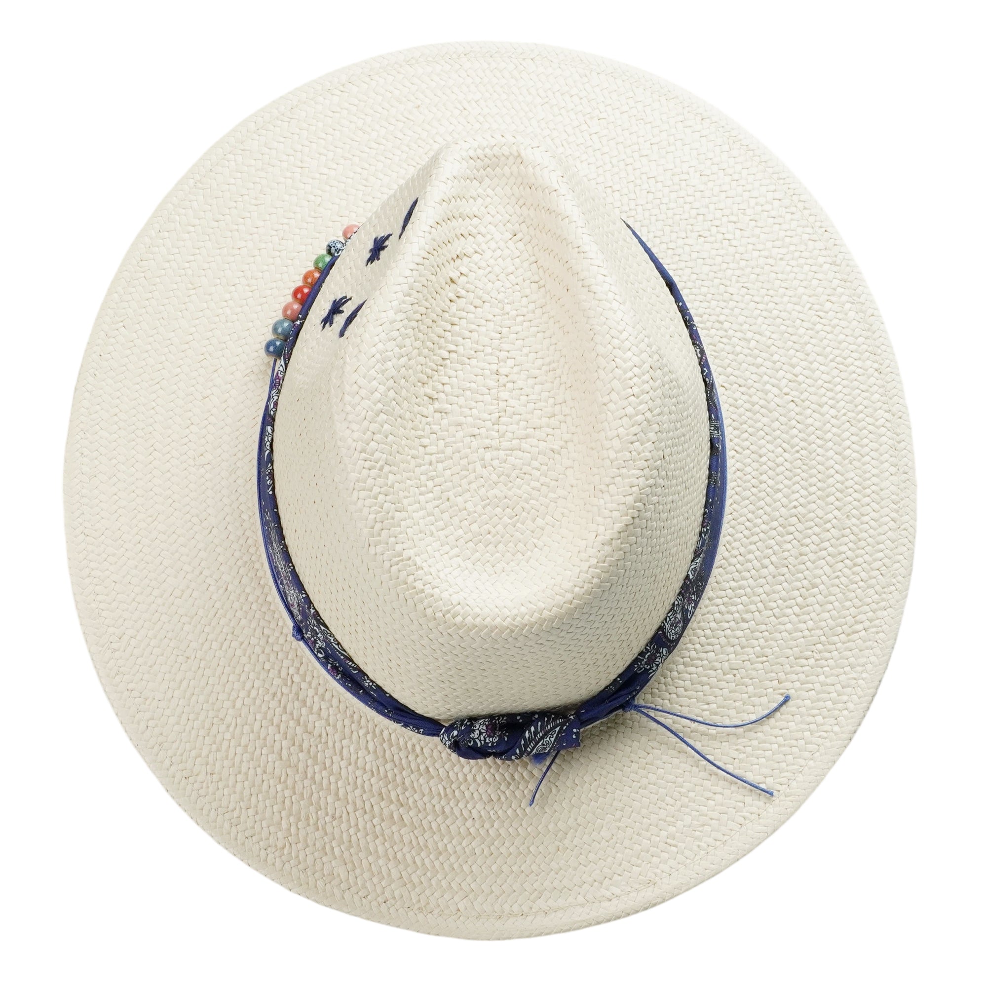 White Straw Hat with Blue Print Band & Colorful Beads