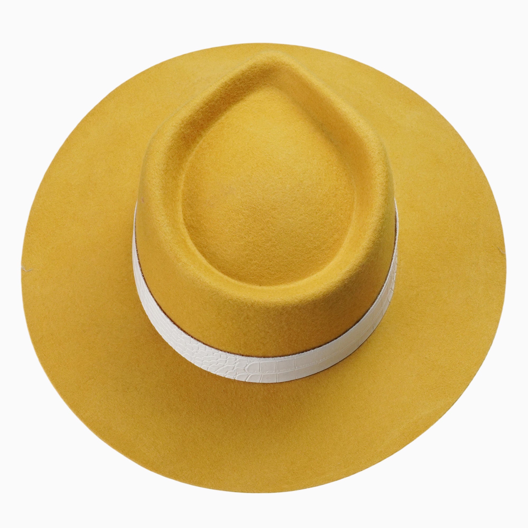 Mustard Yellow Felt Fedora with White Crocodile-Texture Band