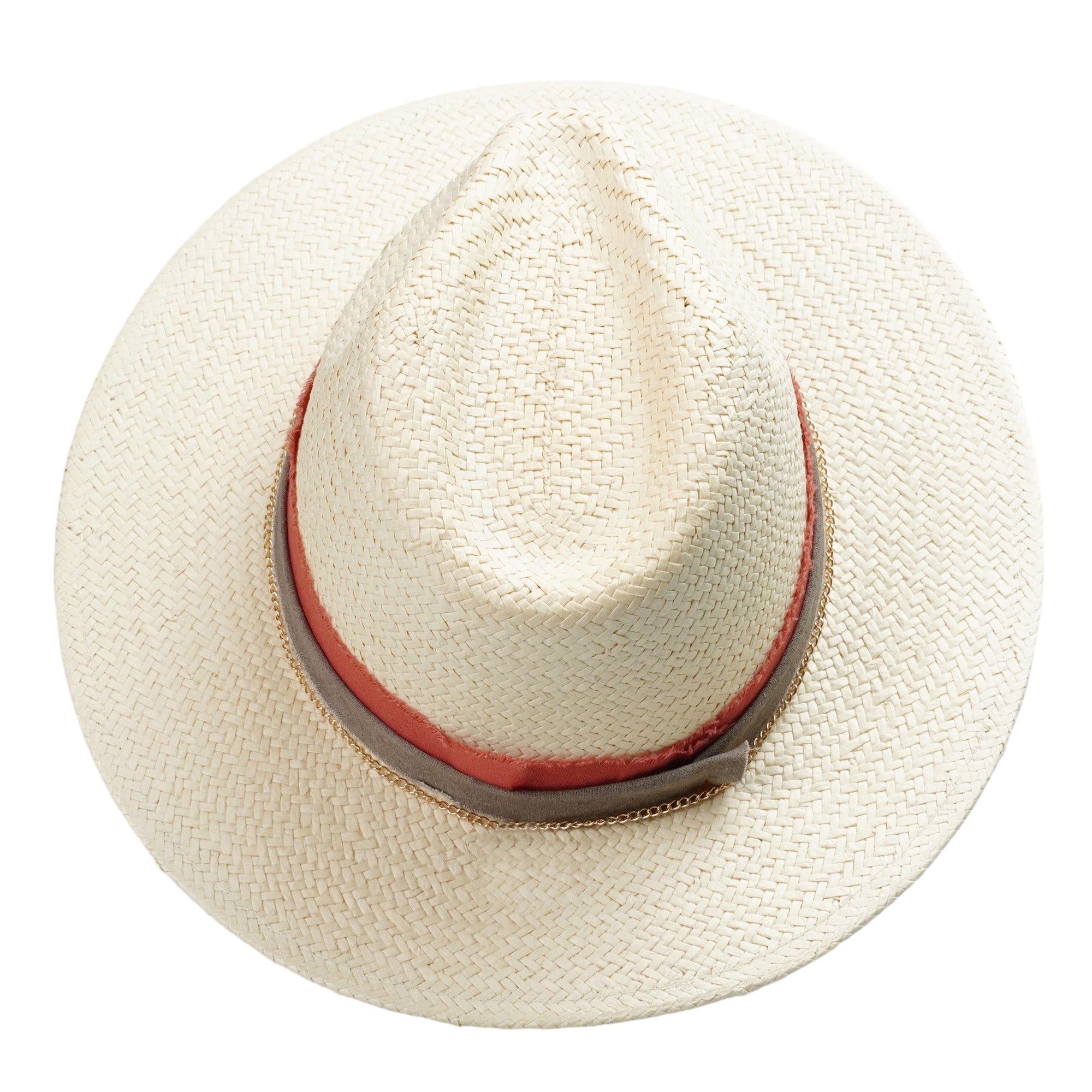Beige Straw Hat - Flat Brim with Gold Metal Accent
