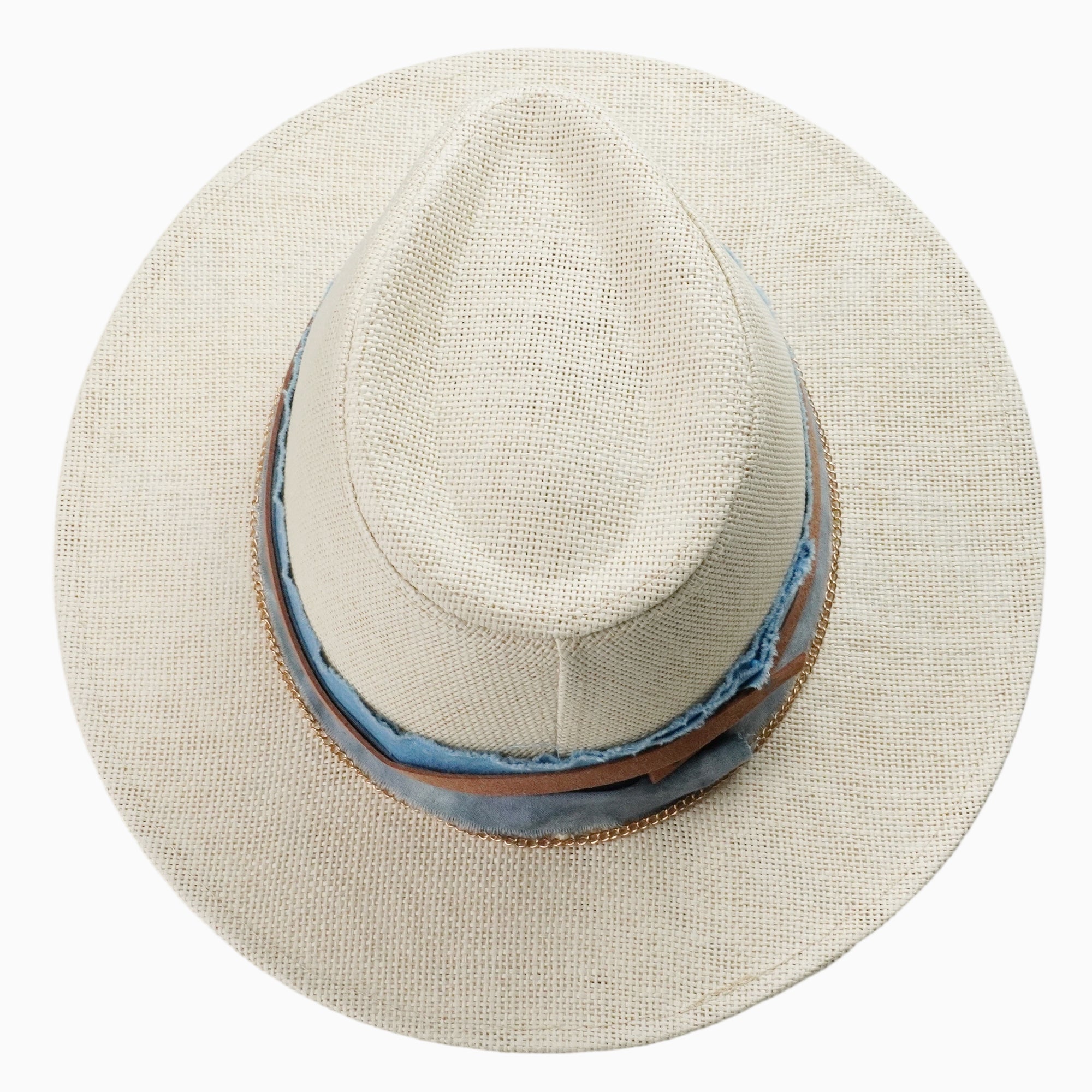 White Breathable Straw Fedora with Blue Gradient Scarf & Chain Trim