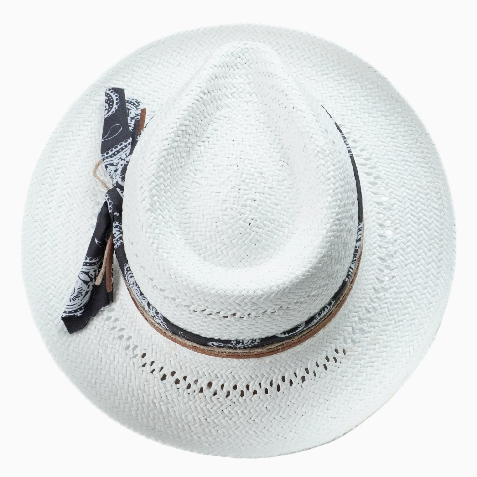 White Breathable Straw Fedora with Classic Paisley Band & Leather Cord