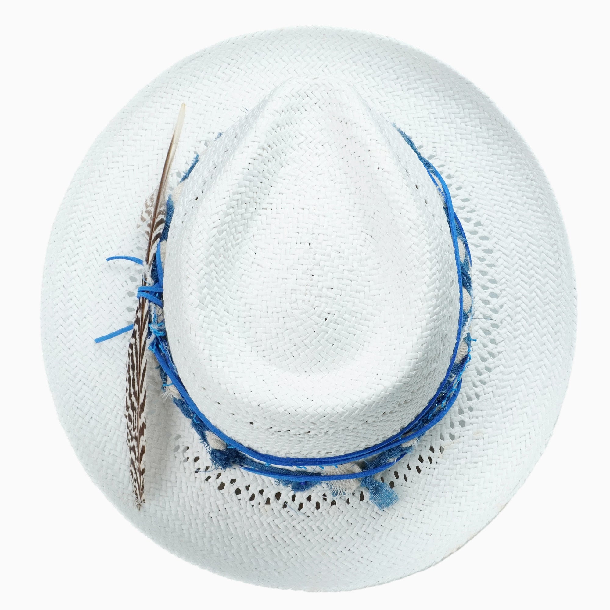 White Breathable Straw Fedora with Blue Woven Band & Feather Accent