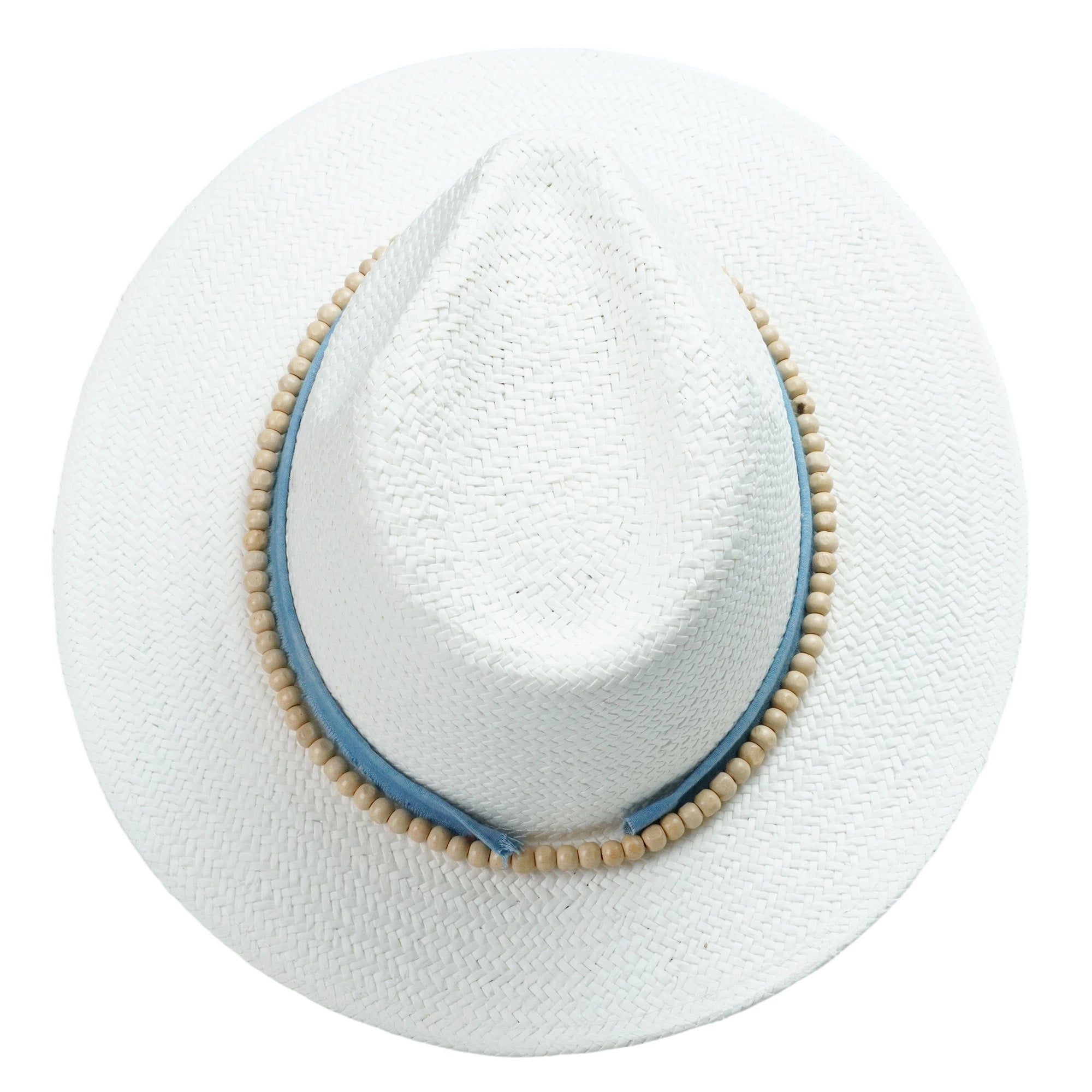 White Straw Hat with Light Blue Band & Wooden Beads