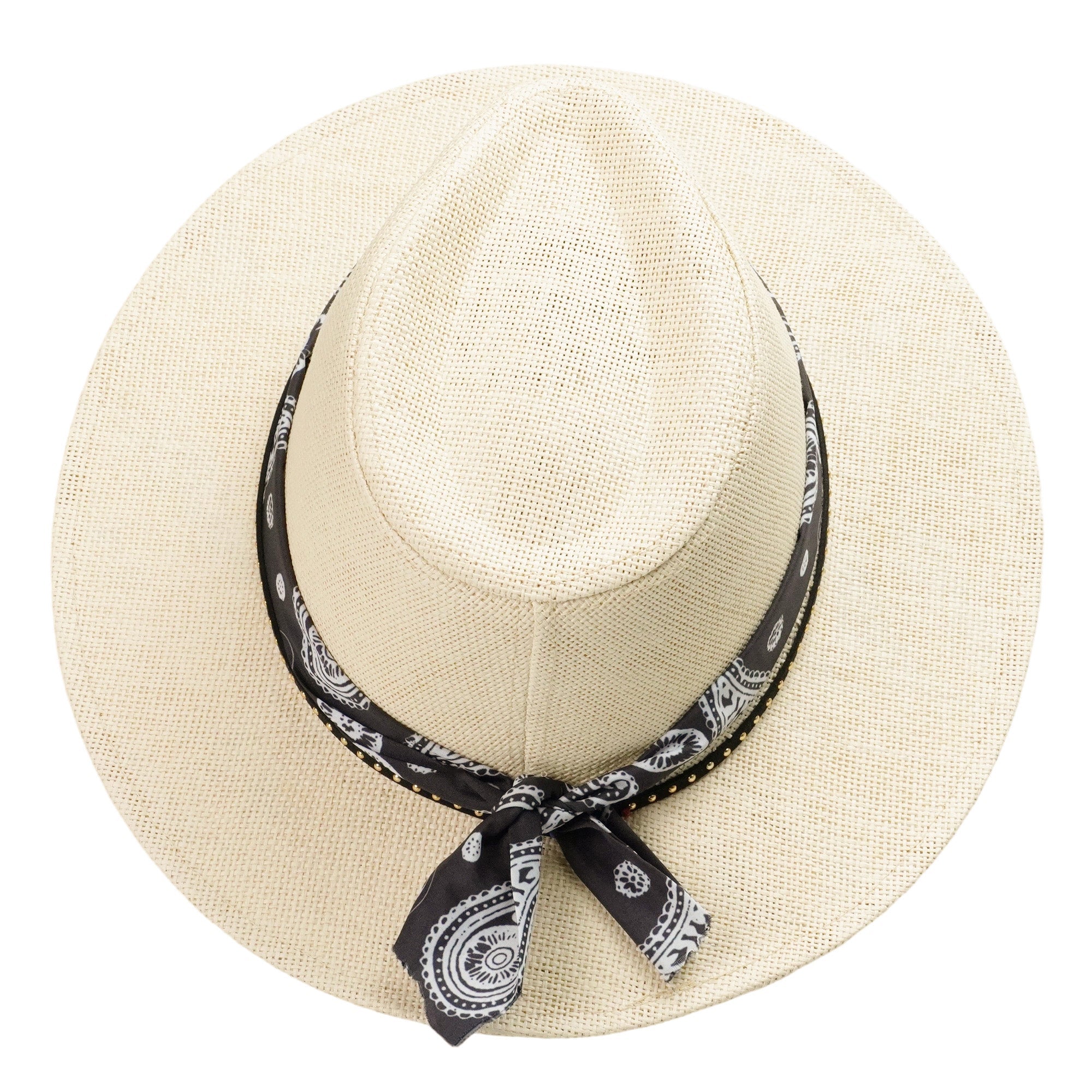 Off-White Straw Hat with Black & White Pattern Band