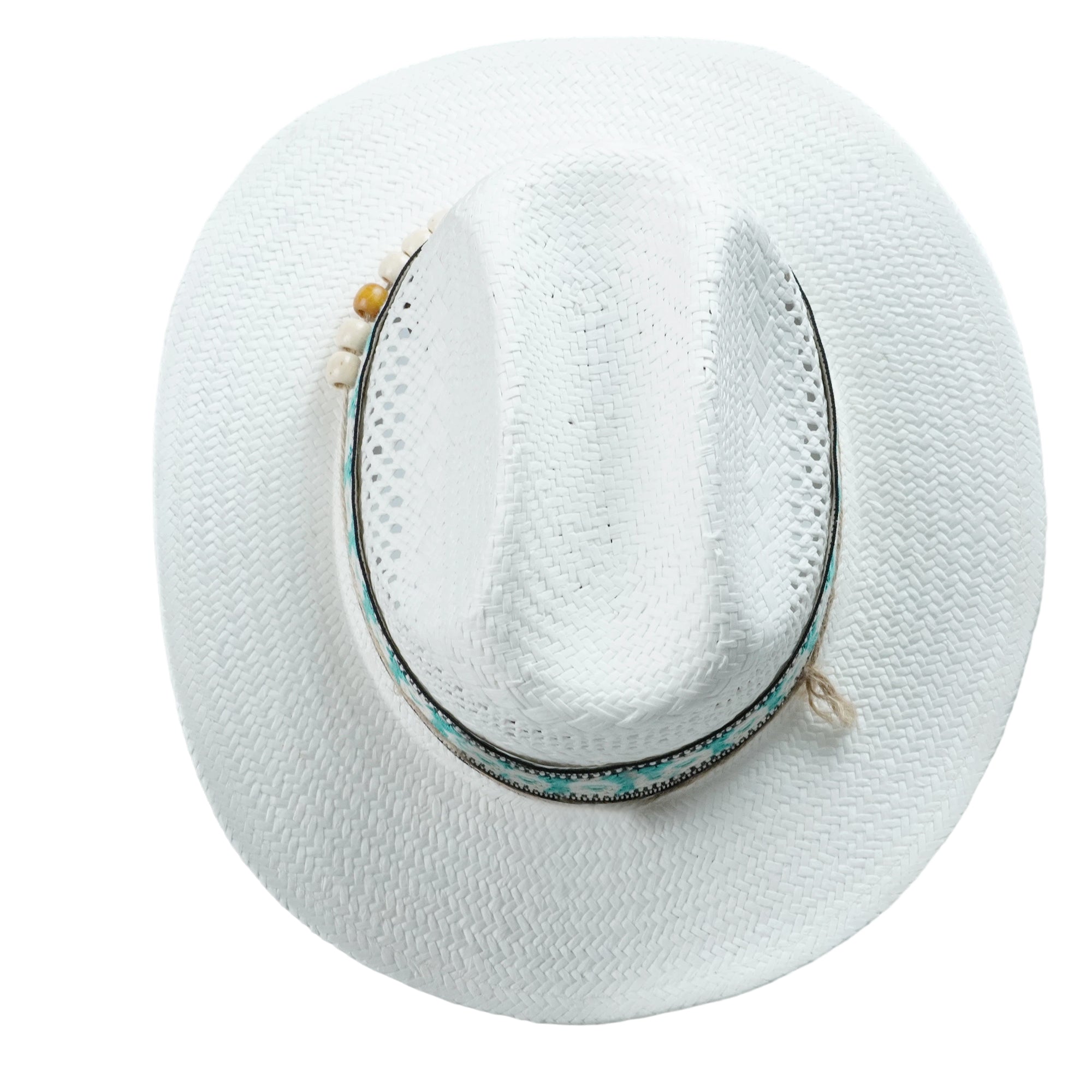 White Breathable Straw Fedora with Geometric Woven Band & Wooden Beads