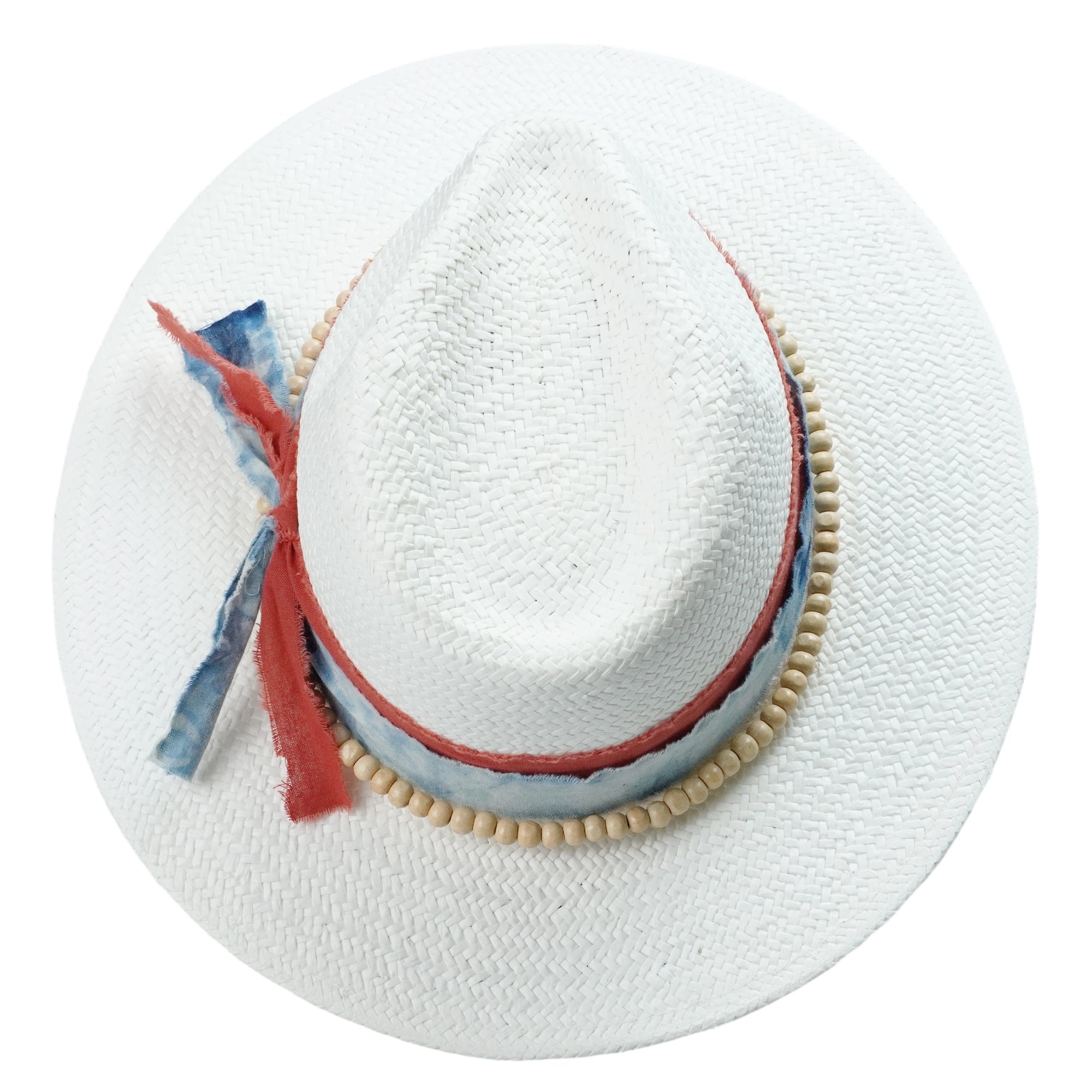 White Breathable Straw Fedora with Tie-Dye Fabric Band & Beaded Trim