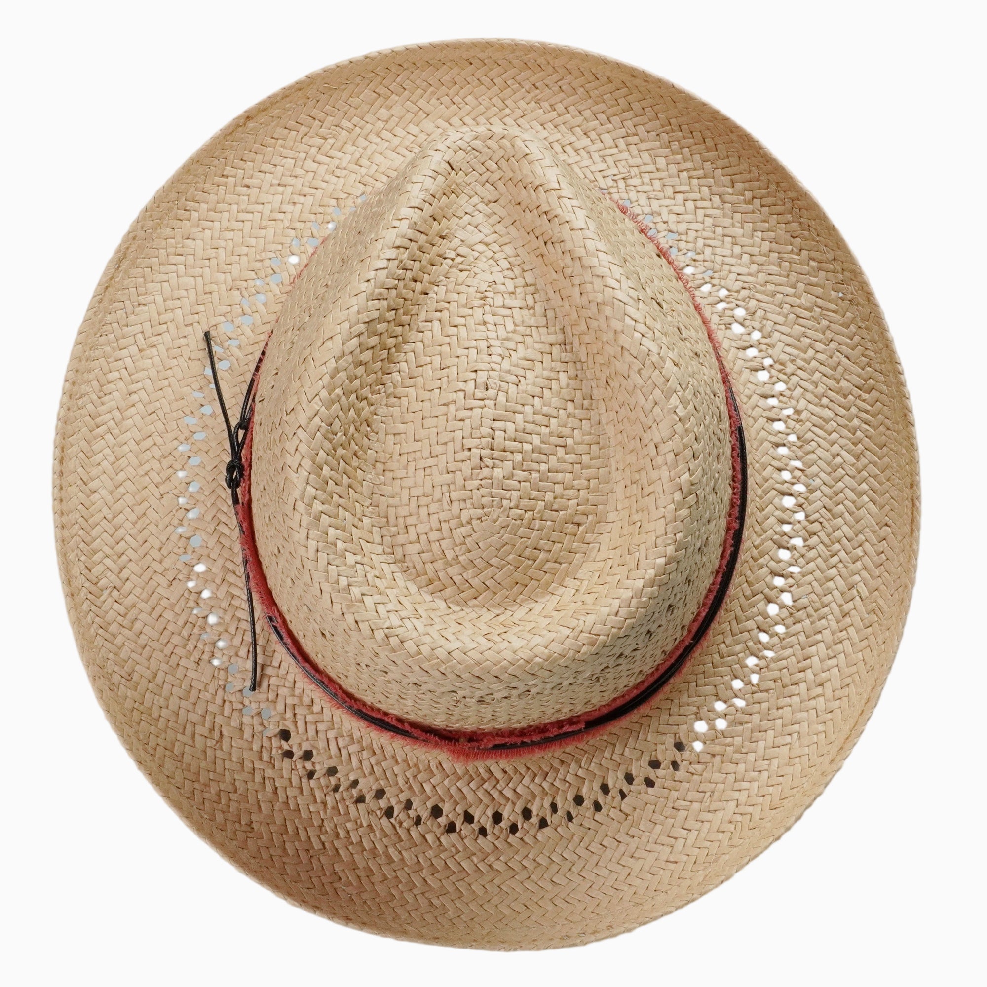 Breathable Straw Fedora with Distressed Red Band & Cord Trim