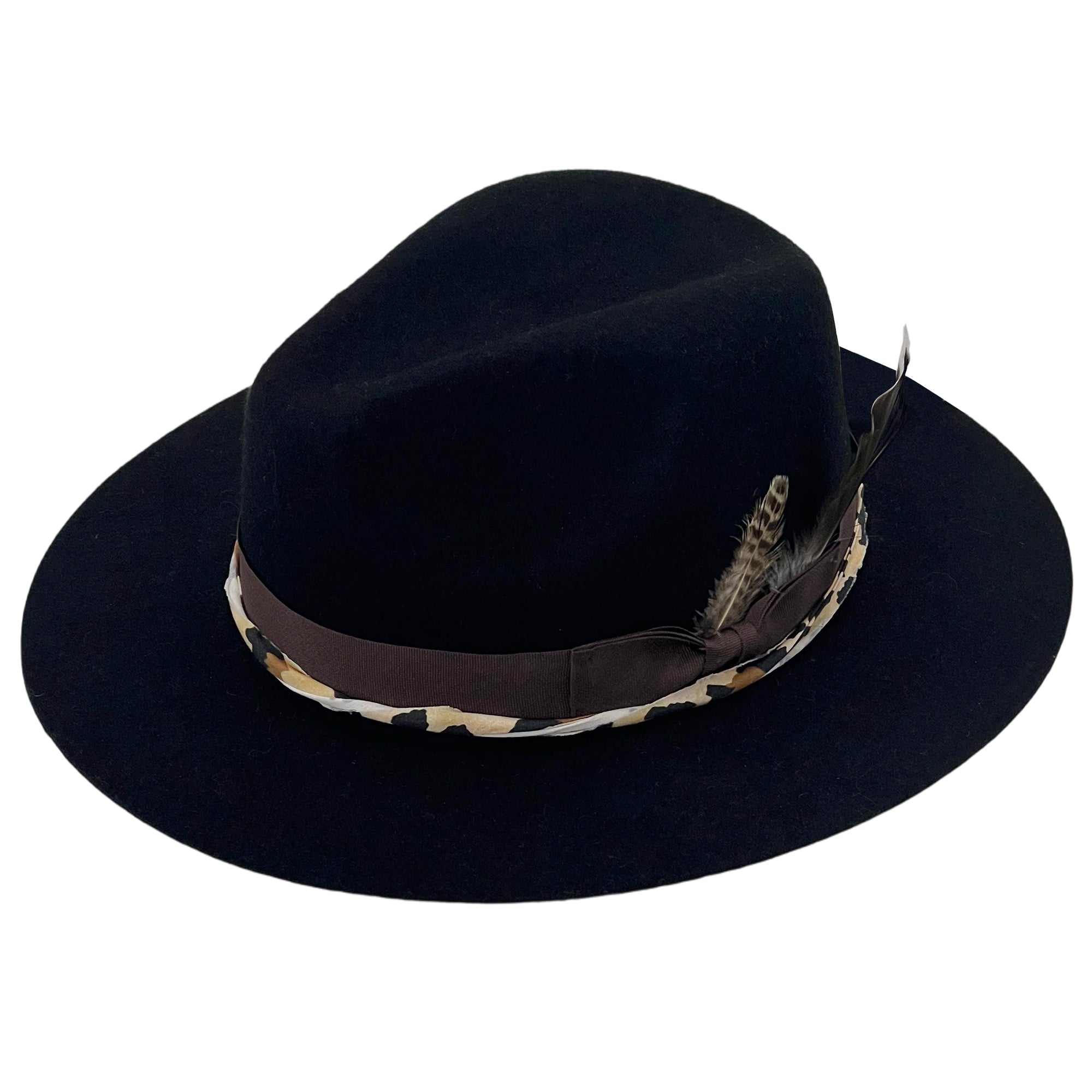 Modern Black Hat – Bold Print & Feather Detail