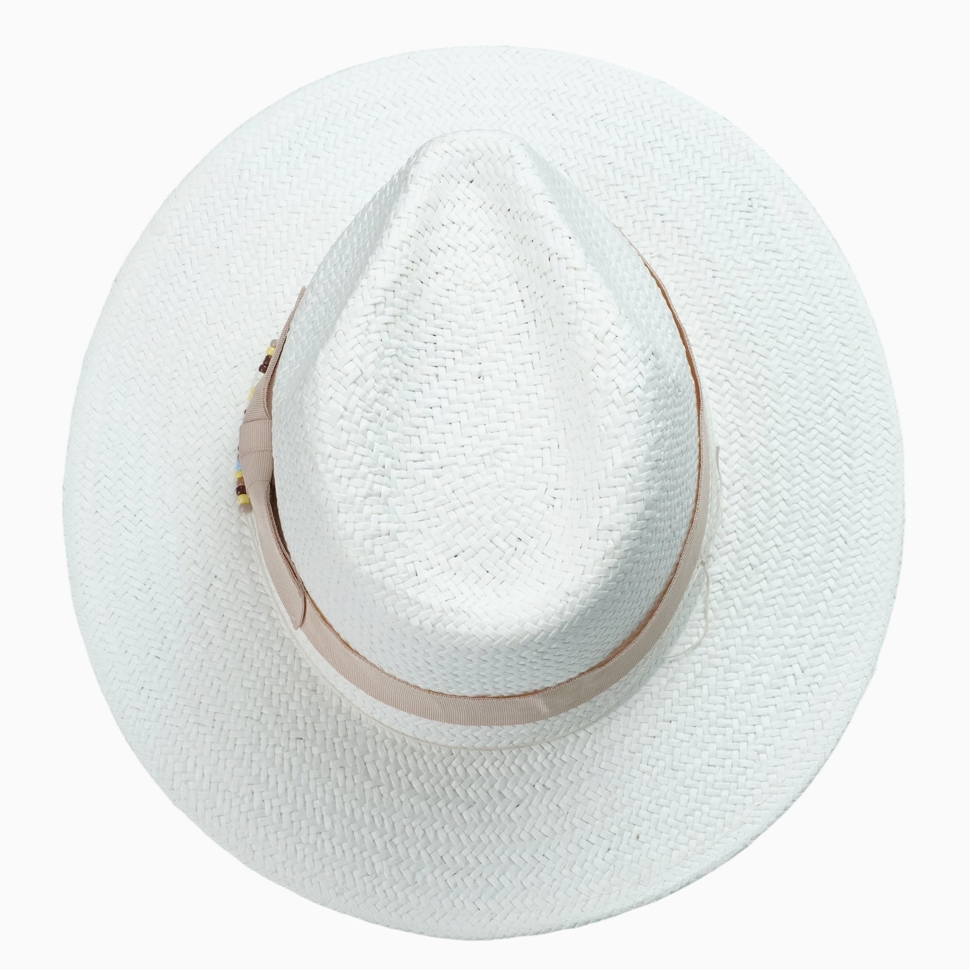 White Breathable Straw Fedora with Beige Ribbon & Beaded Trim