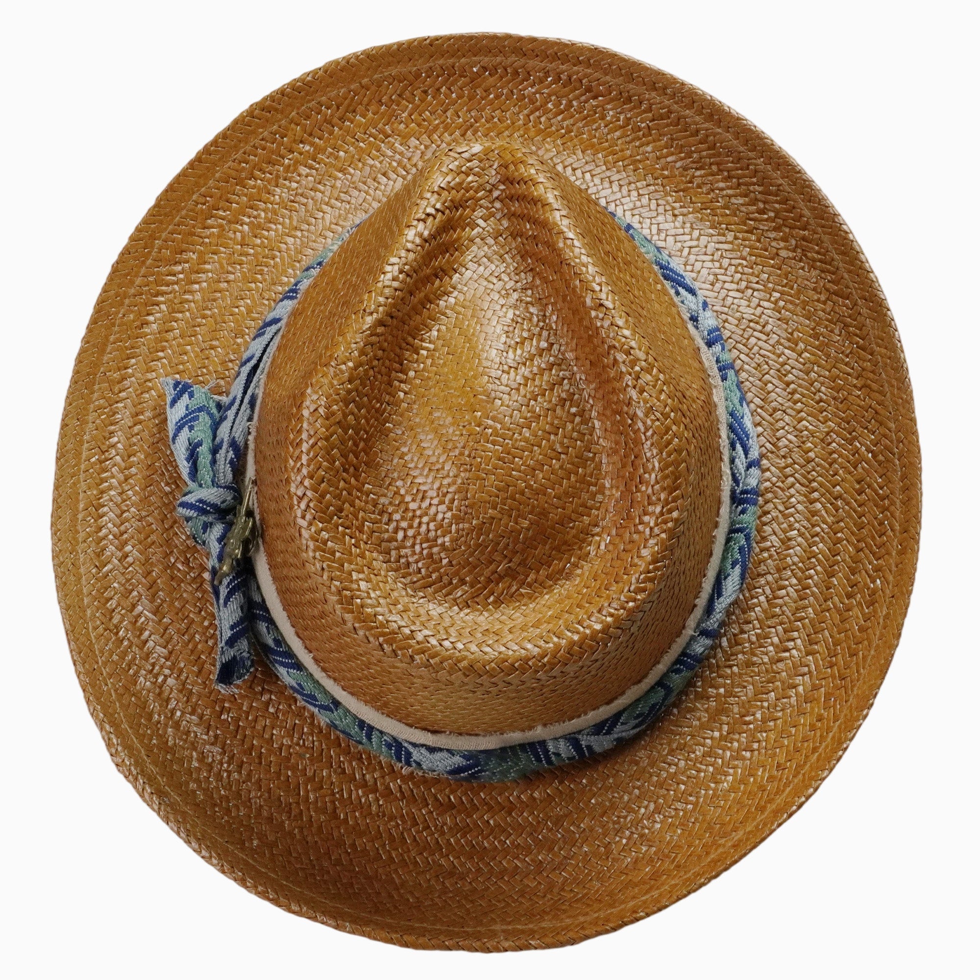 Caramel-Tone Straw Fedora with Layered Distressed Fabric and Woven Band