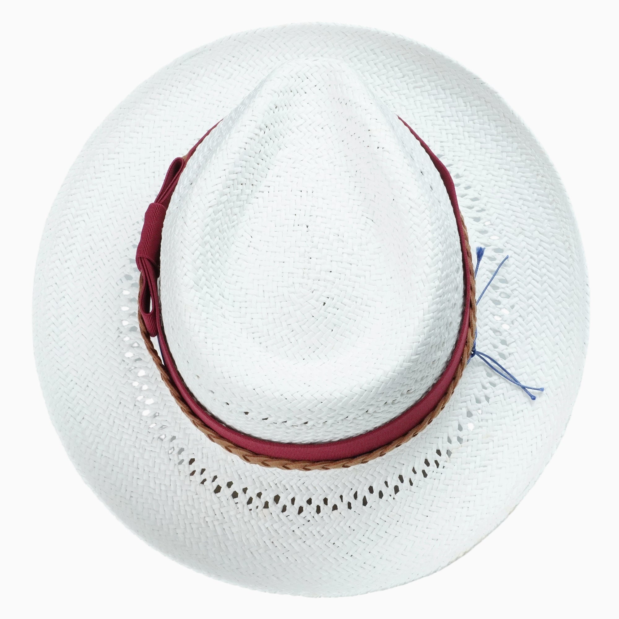 White Breathable Straw Fedora with Burgundy Ribbon & Beaded Cord
