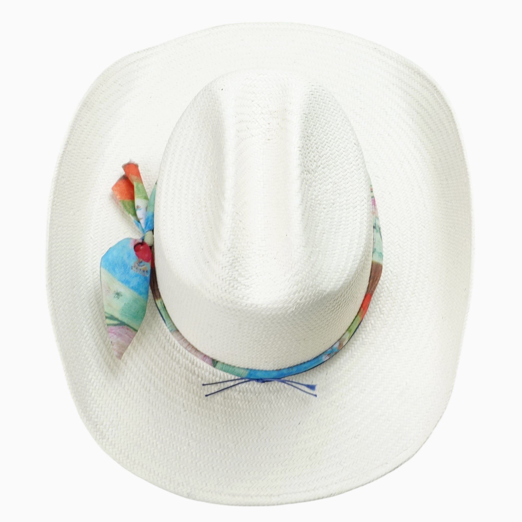Off-White Breathable Straw Fedora with Vibrant Printed Band & Colorful Beads