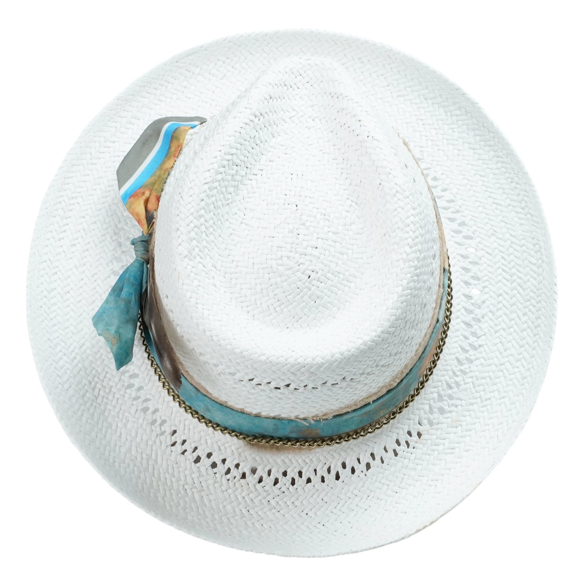 White Straw Hat - Classic Teardrop with Metal Chain Detail