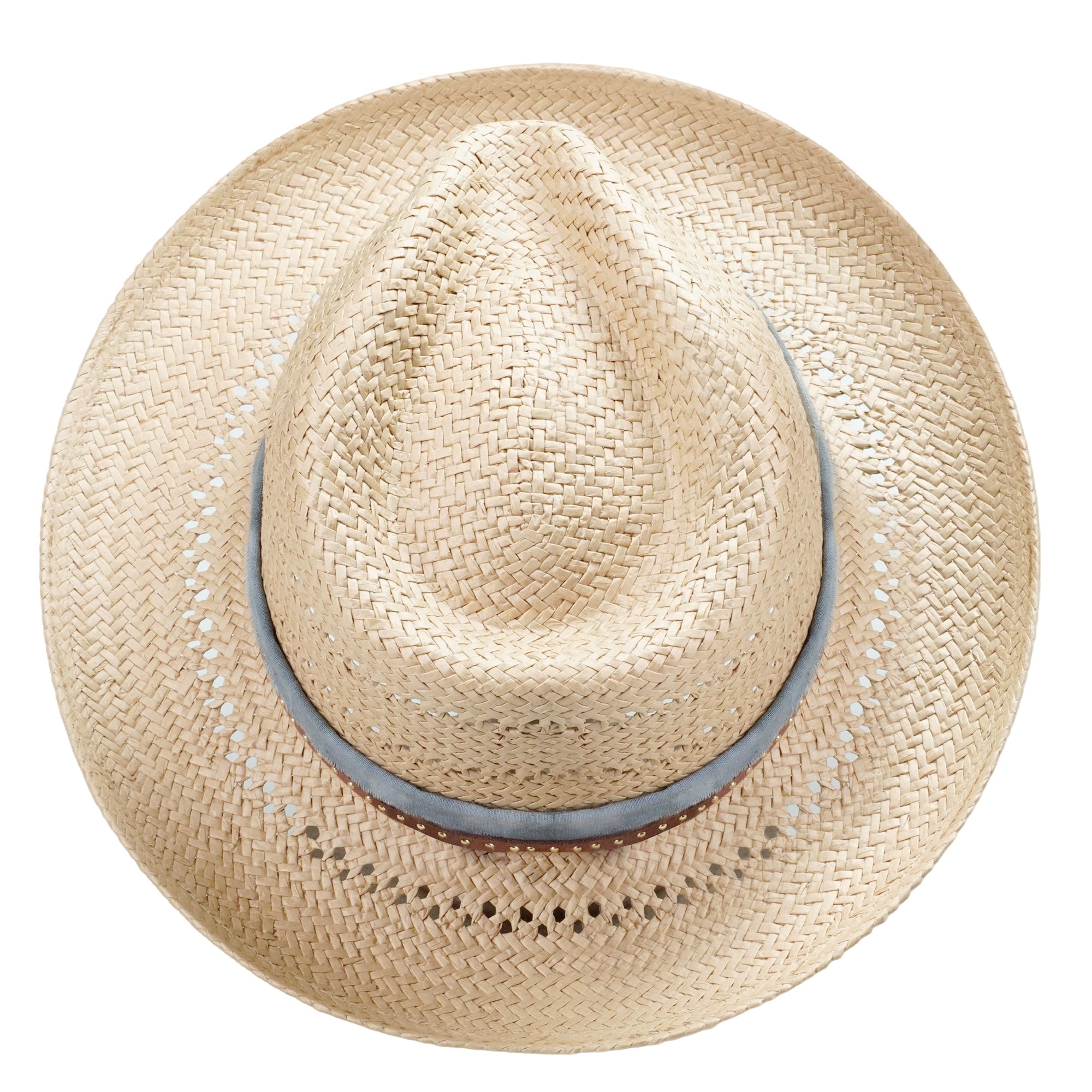 Natural Straw Hat with Cutout Crown & Blue Fabric Band