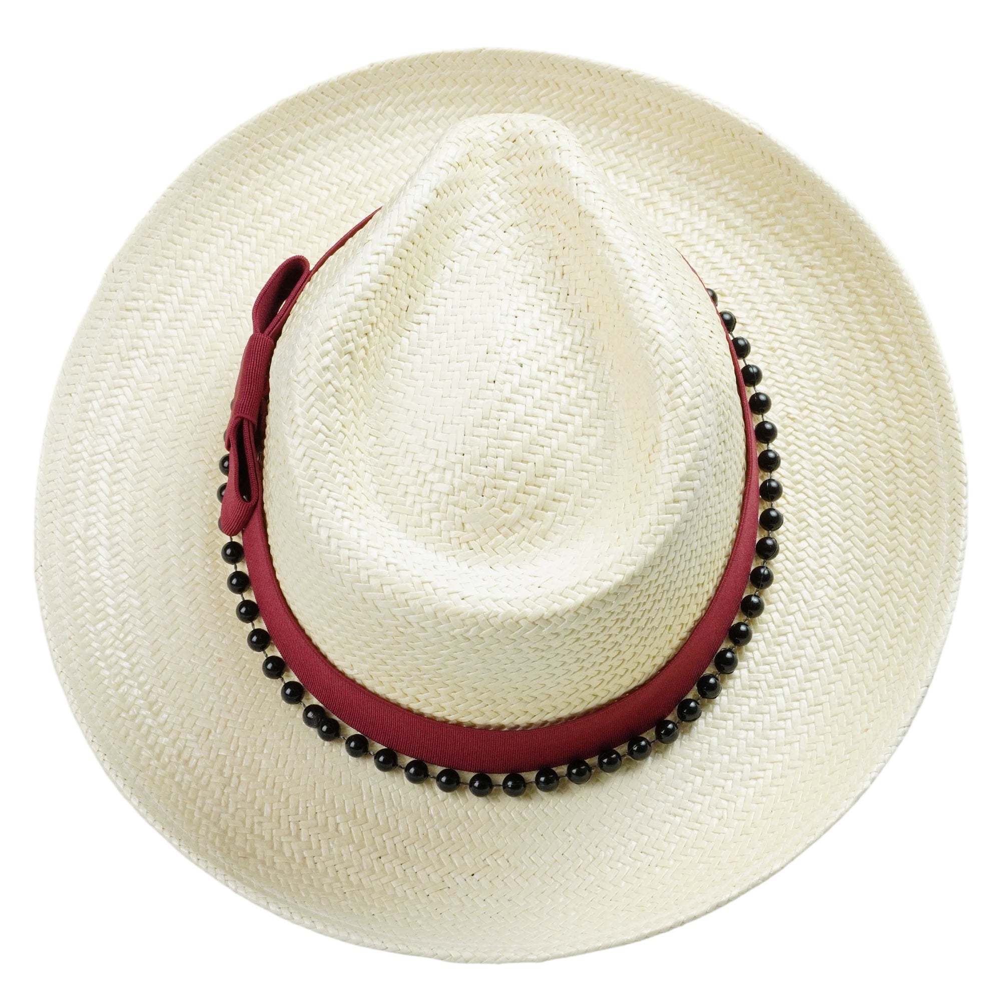 Beige Straw Hat with Dark Red Wide Band & Black Beads