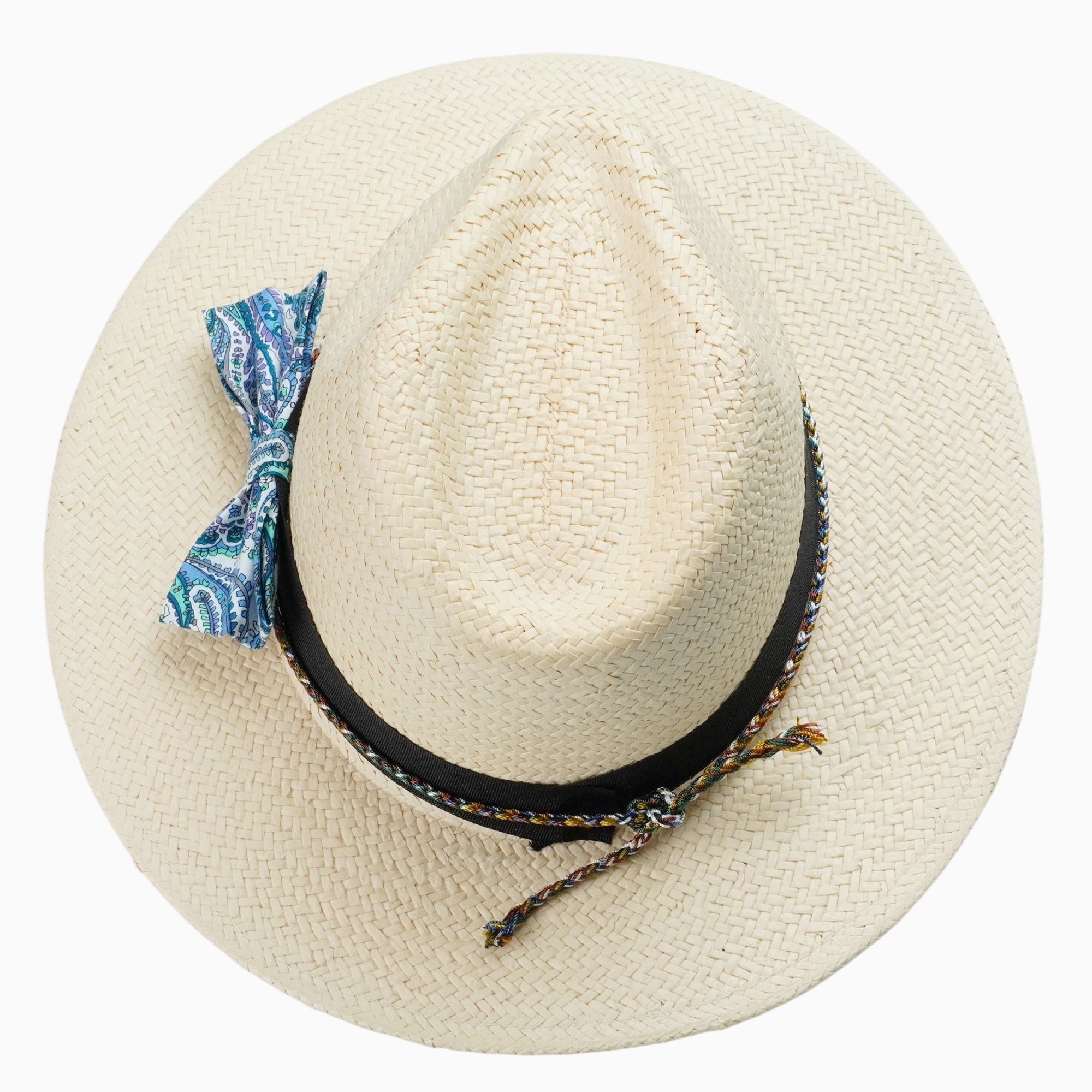 Beige Breathable Straw Fedora with Black Band & Paisley Bow