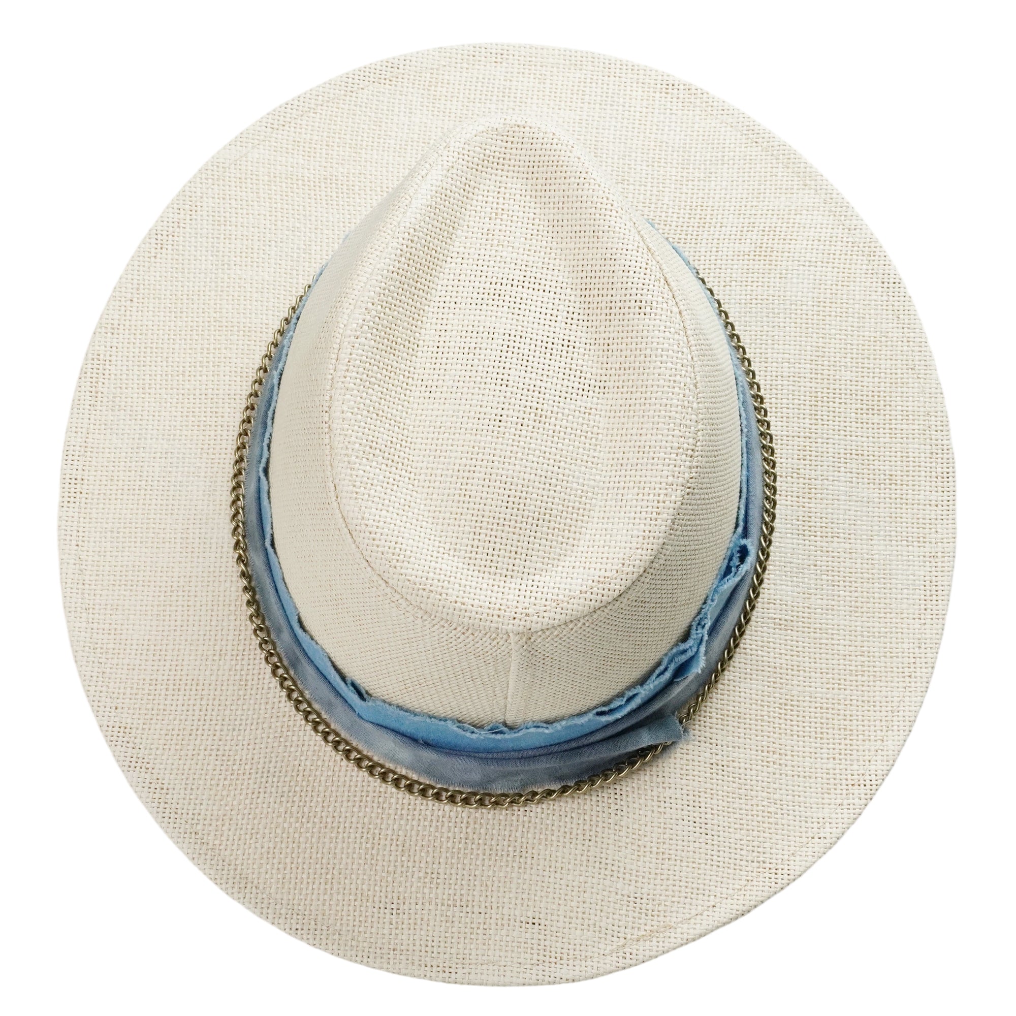 Off-White Straw Hat with Blue Band & Copper Chain