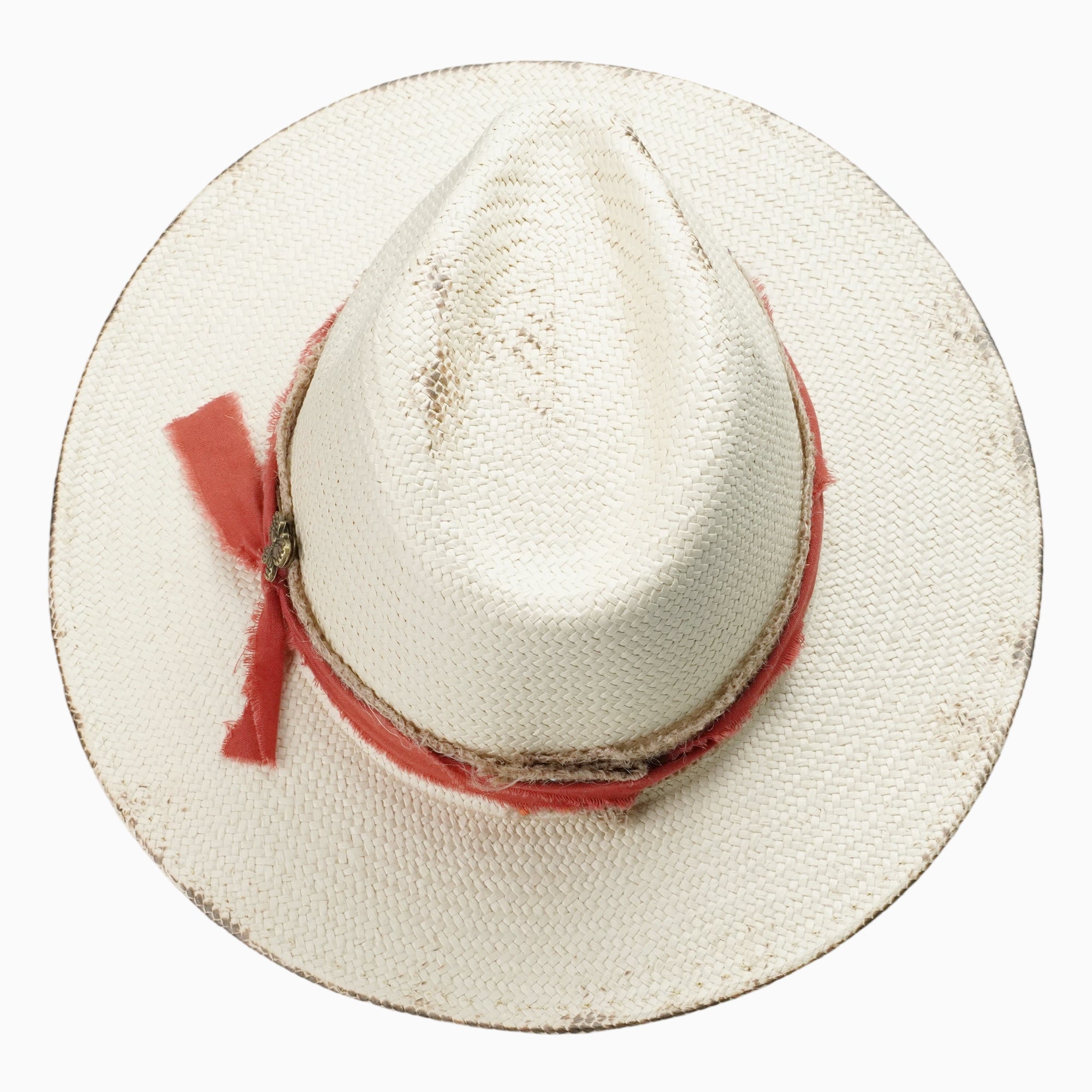 Off-White Breathable Straw Fedora with Distressed Red Band & Butterfly Pin