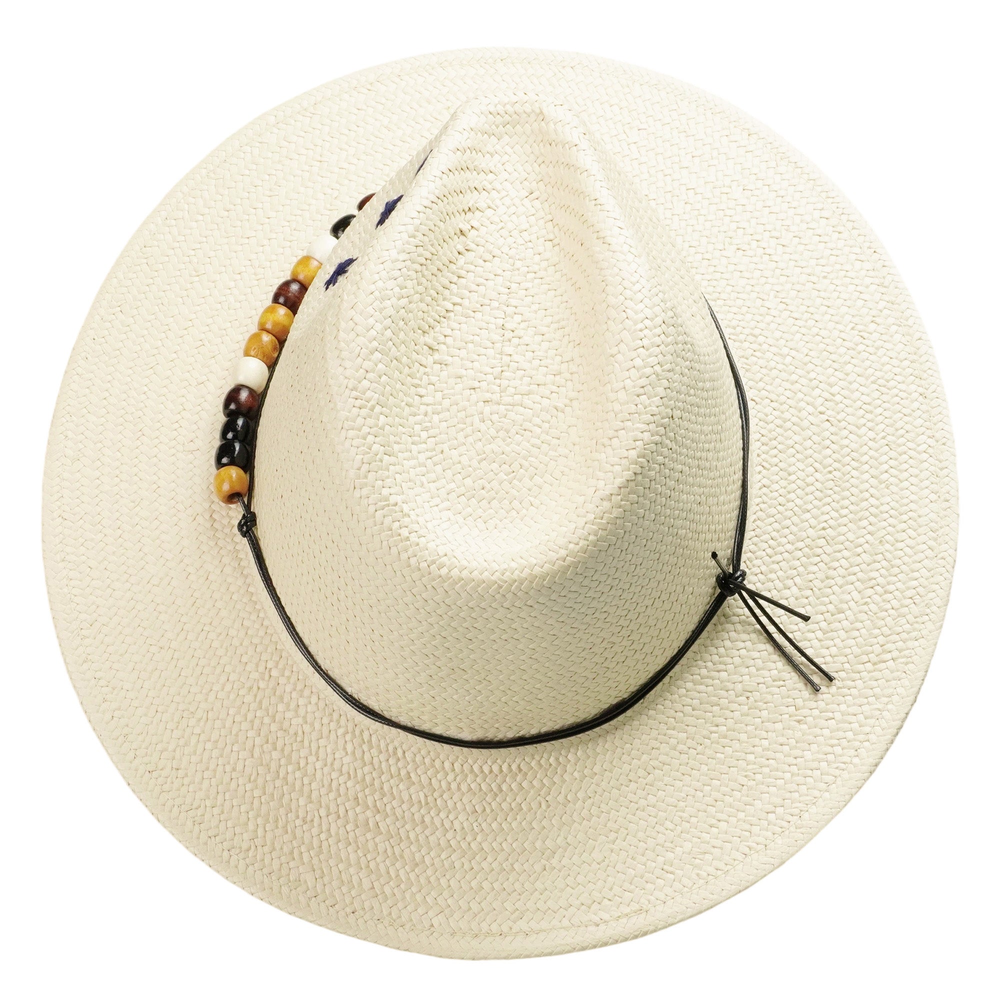 Beige Straw Hat with Colorful Beads & Star Stitching