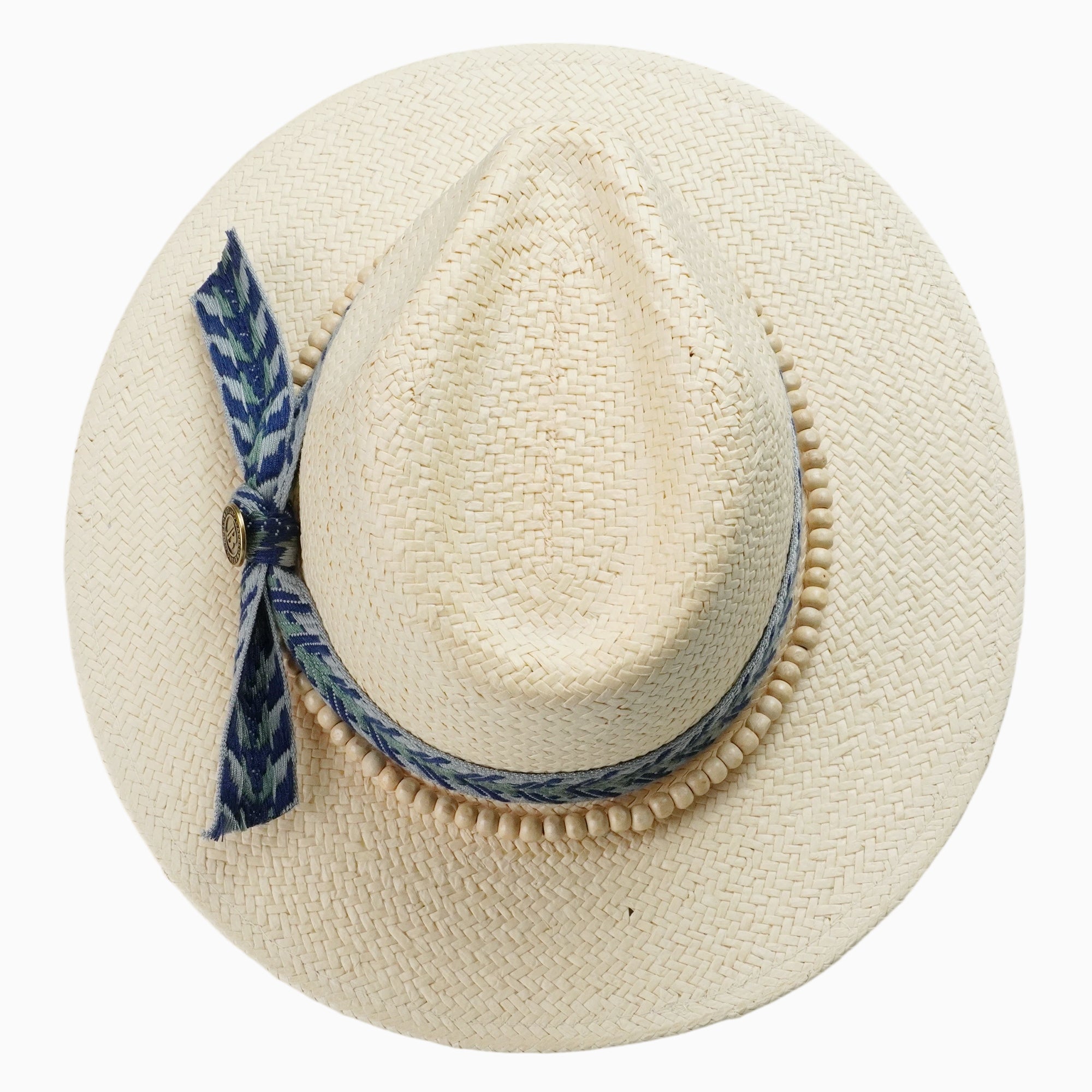 Beige Breathable Straw Fedora with Geometric Tribal Band & Wood Beads