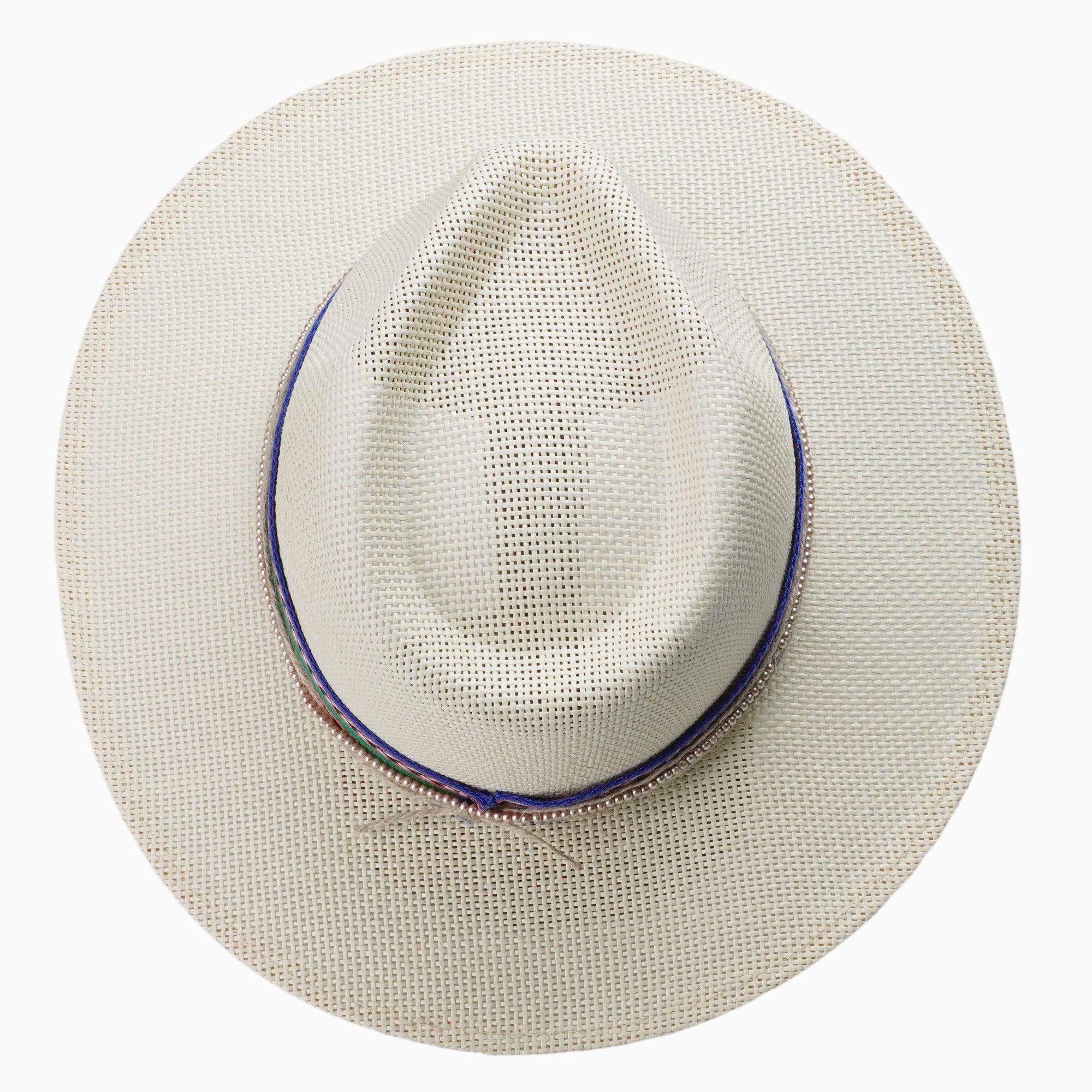 Natural Straw Fedora with Multi-Colored Woven Band & Beaded Trim