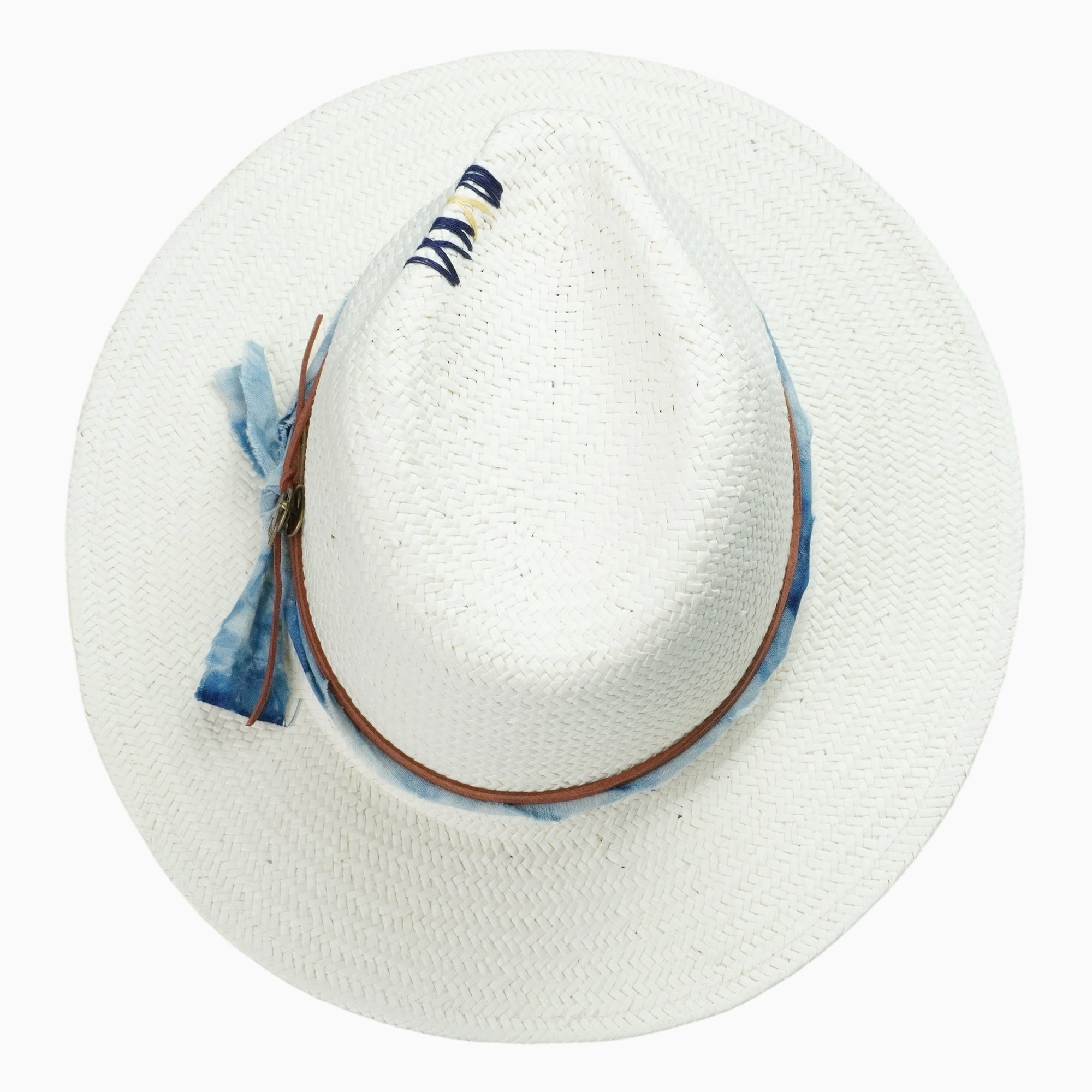 White Breathable Straw Fedora with Tie-Dye Band & Dove Pin