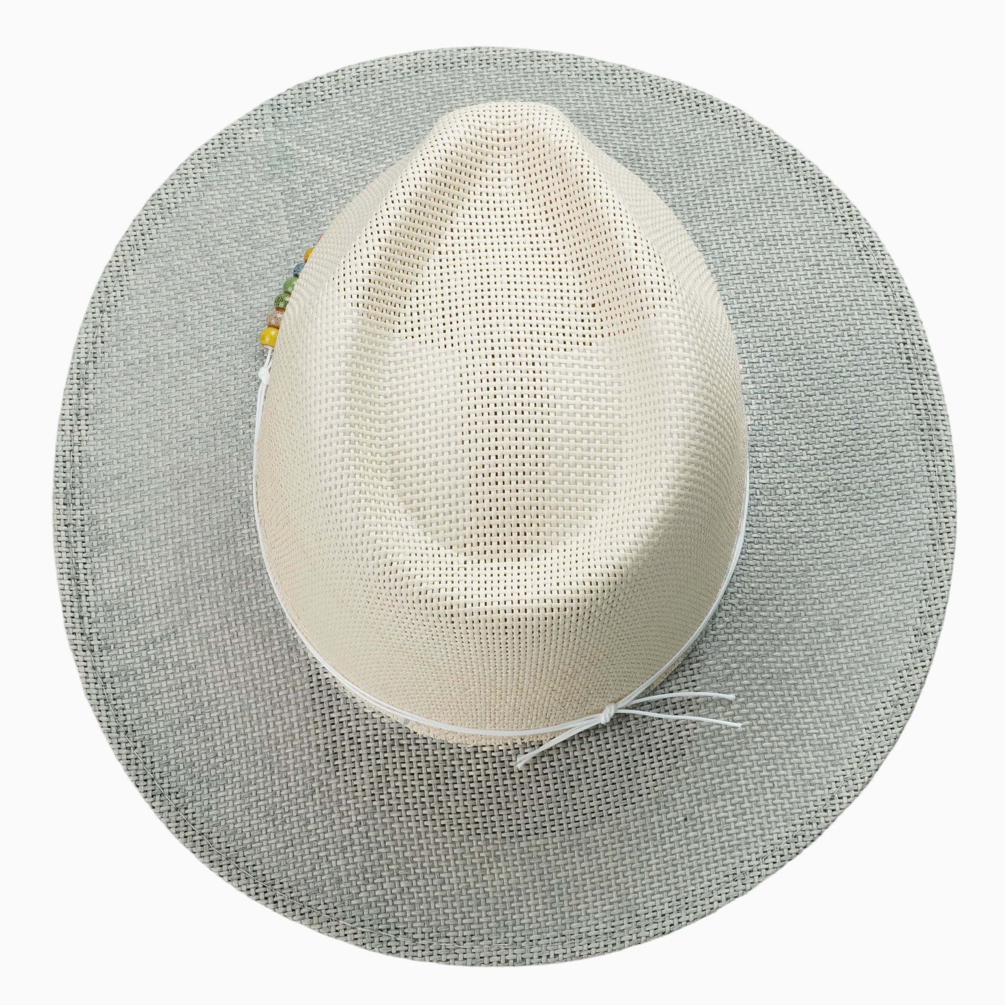 Two-Tone Beige & Grey Straw Hat with Colorful Bead Embellishment