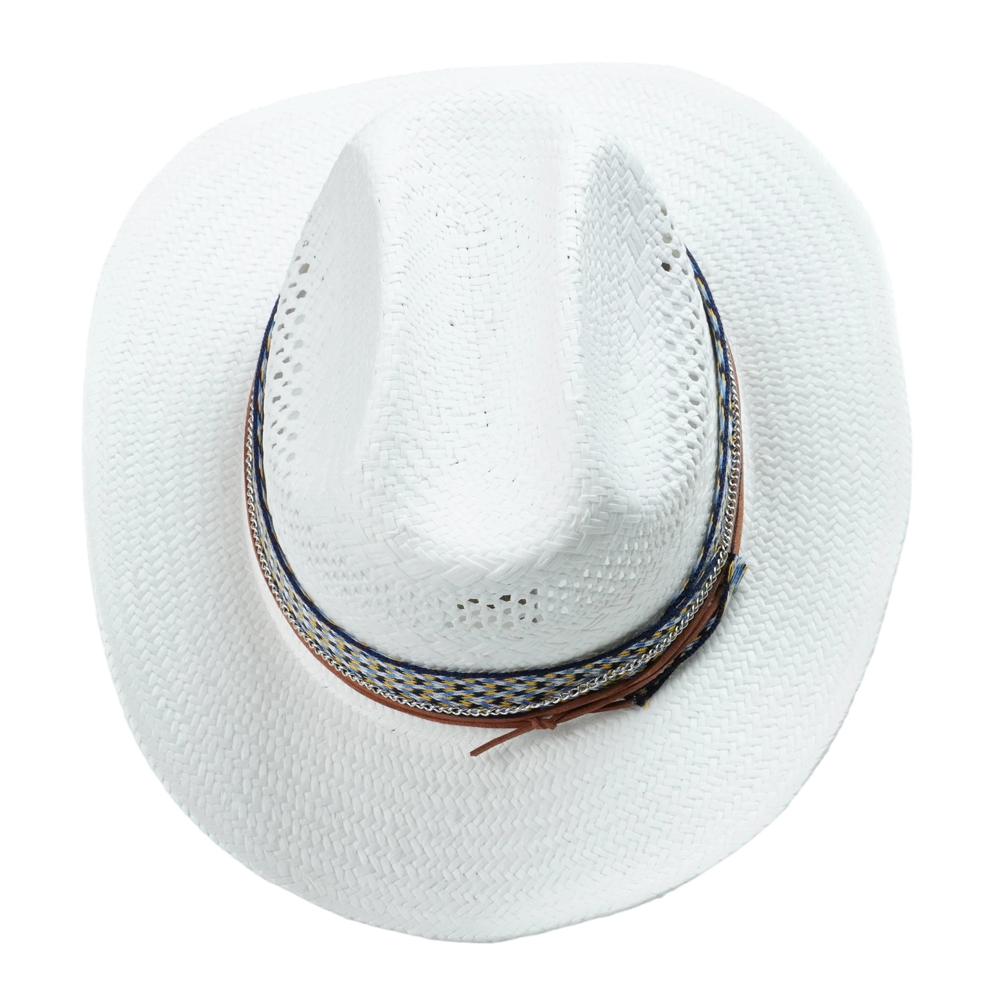 White Straw Hat with Woven Band & Silver Chain