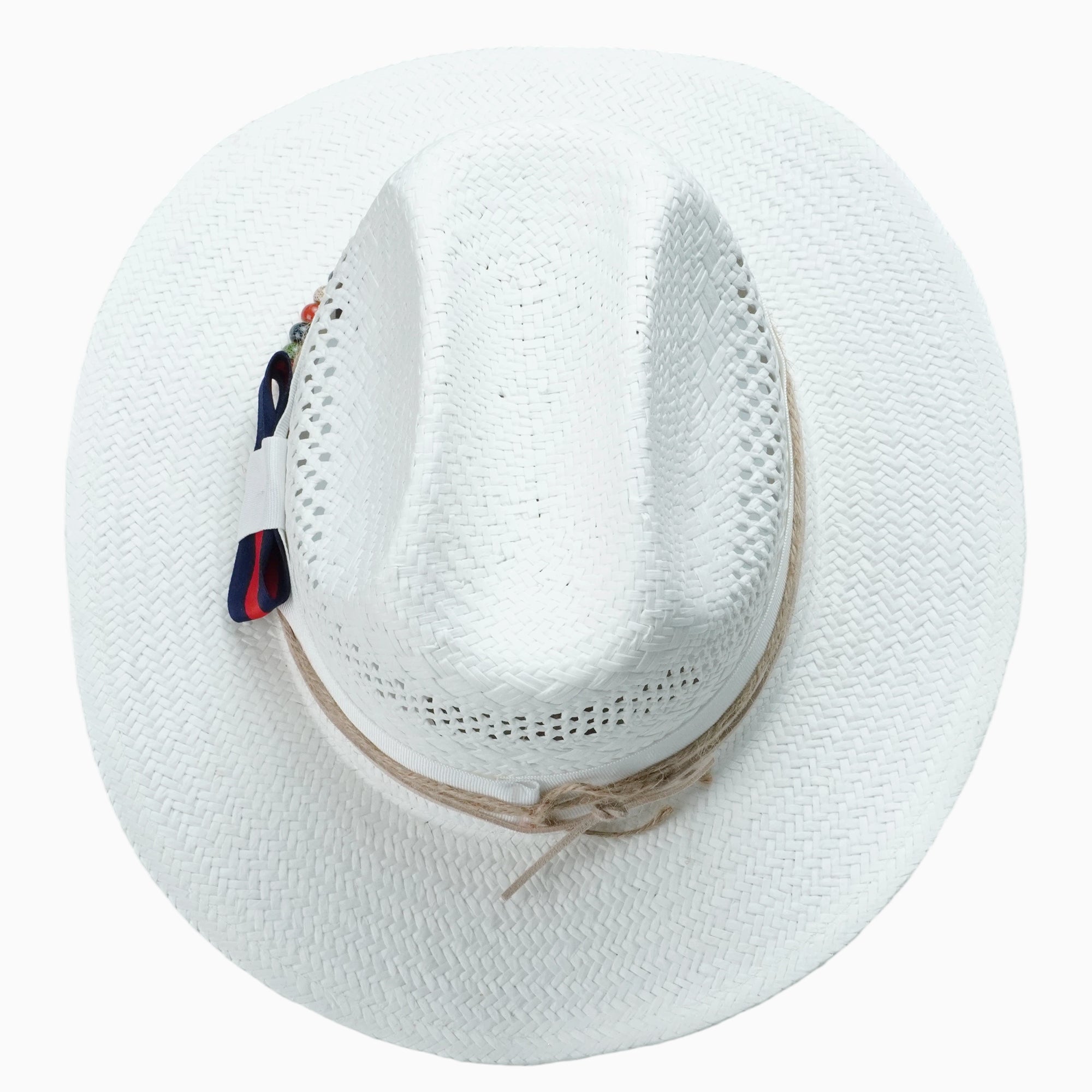 White Breathable Straw Fedora with Striped Bow & Multi-colored Beads