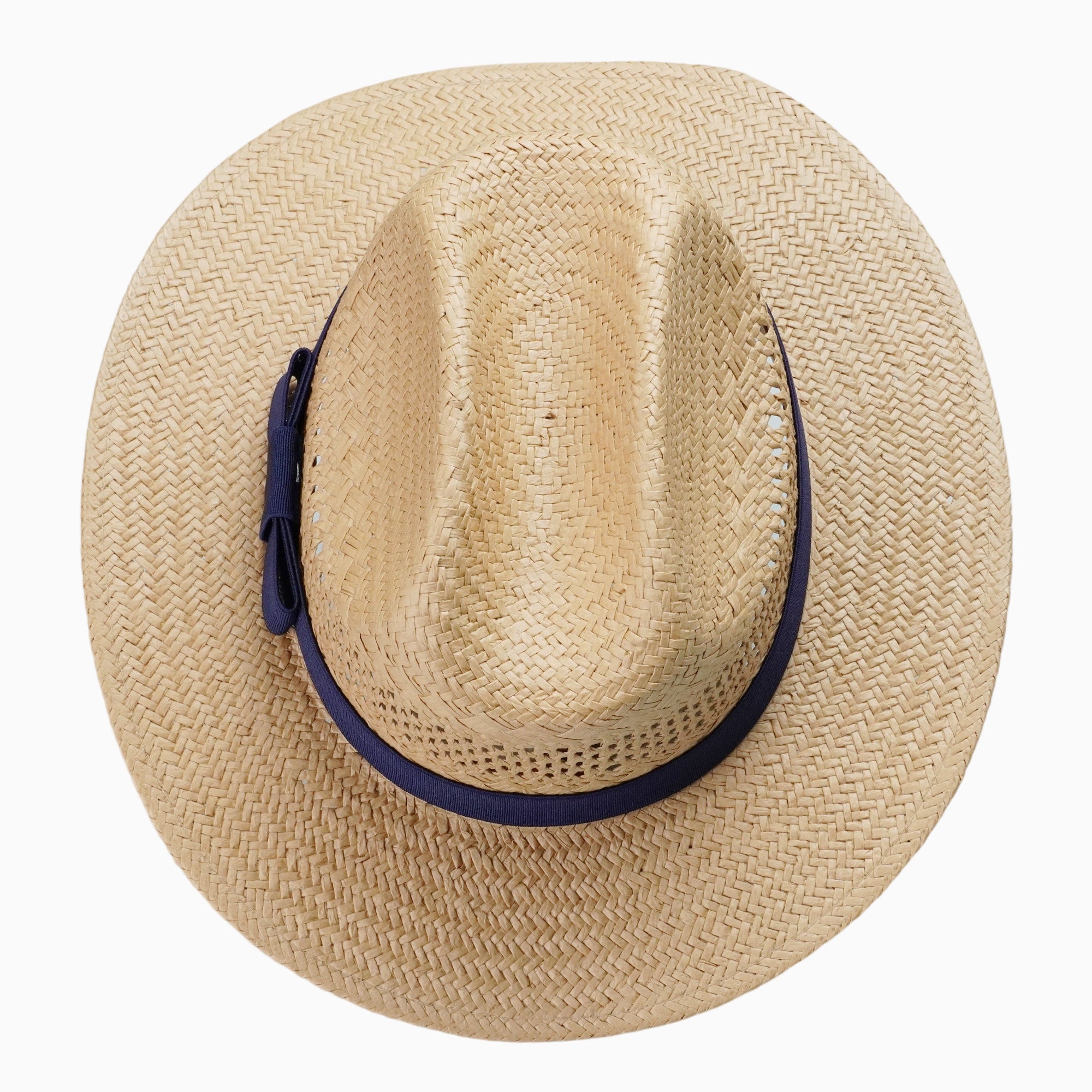 Light Brown Breathable Straw Fedora with Navy Ribbon Band & Bow