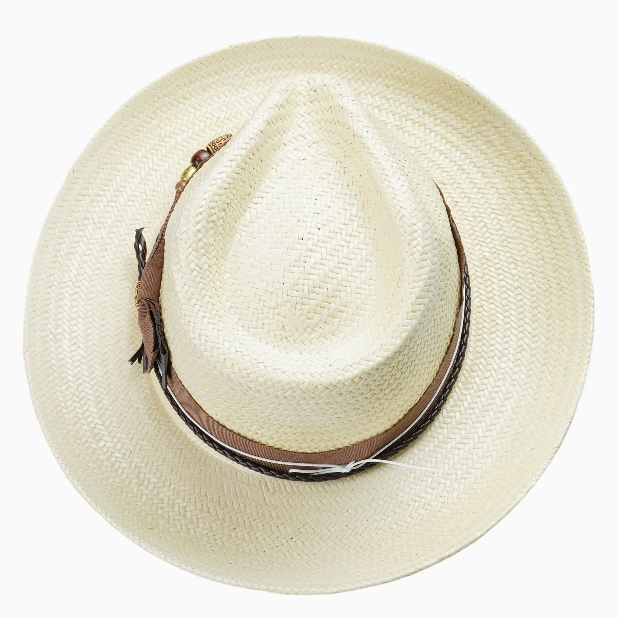 Beige Breathable Straw Fedora with Brown Ribbon & Beaded Cord Accent