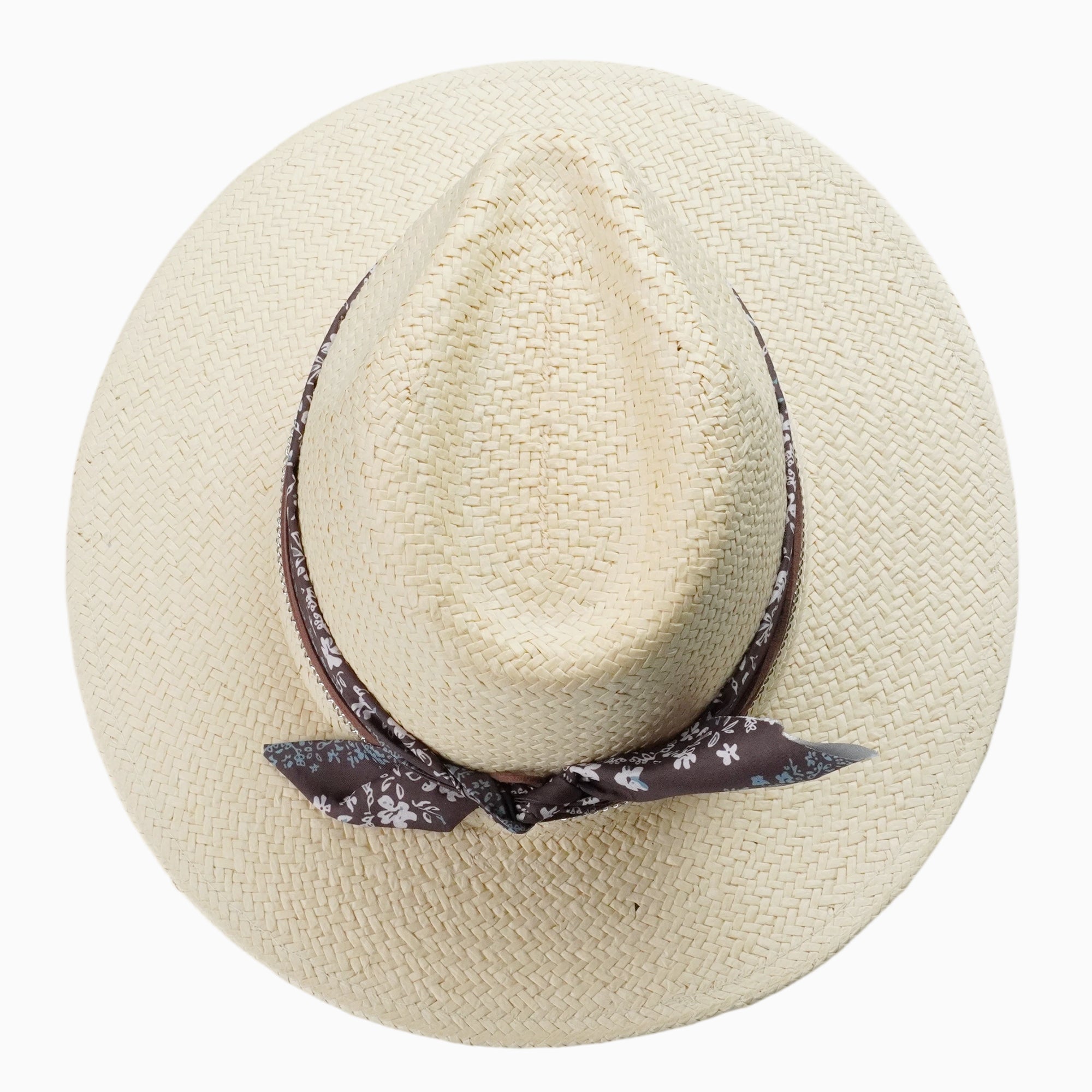 Breathable Straw Fedora with Floral Print Scarf & Chain Trim