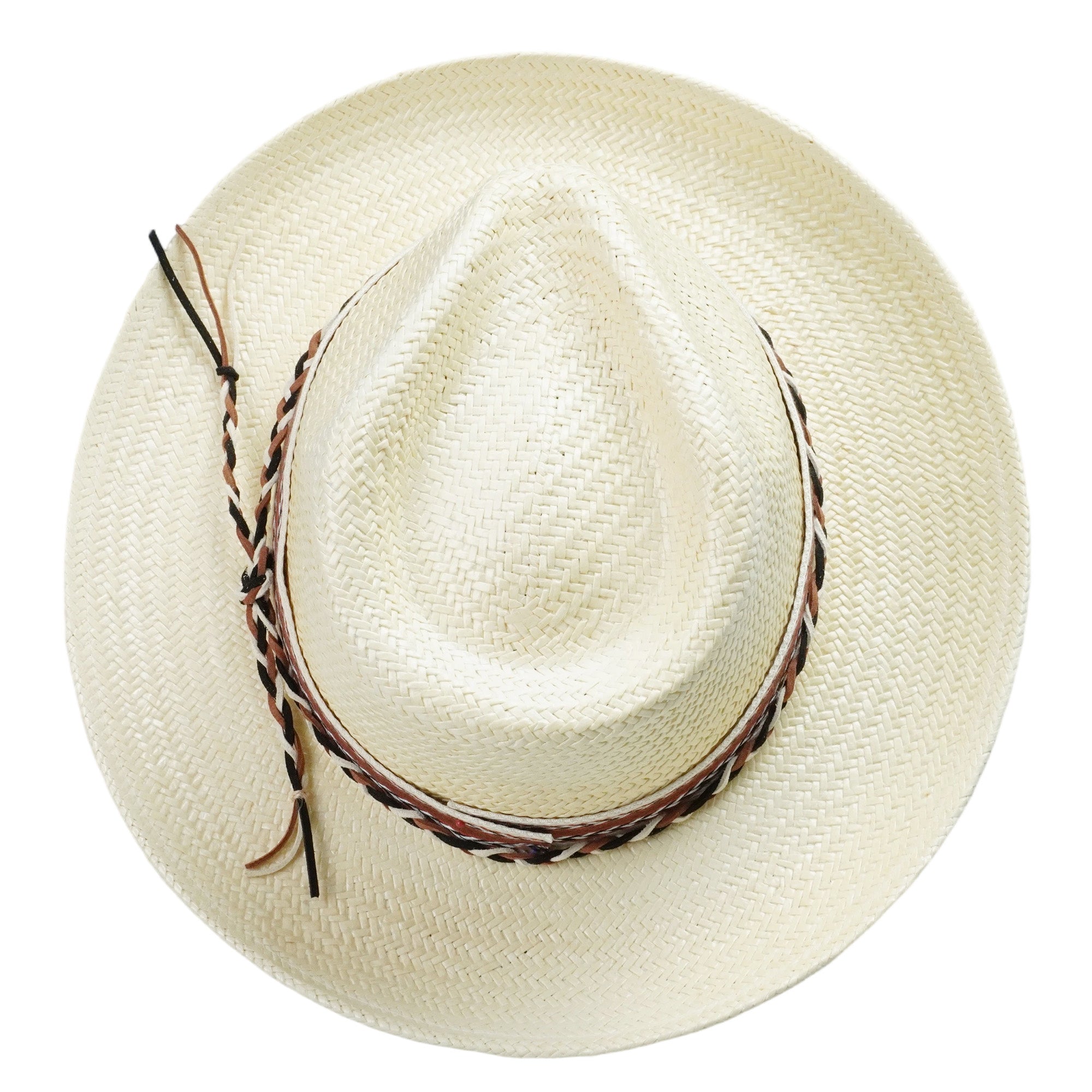 Off-White Straw Hat with Woven Print Band & Three-Color Braid