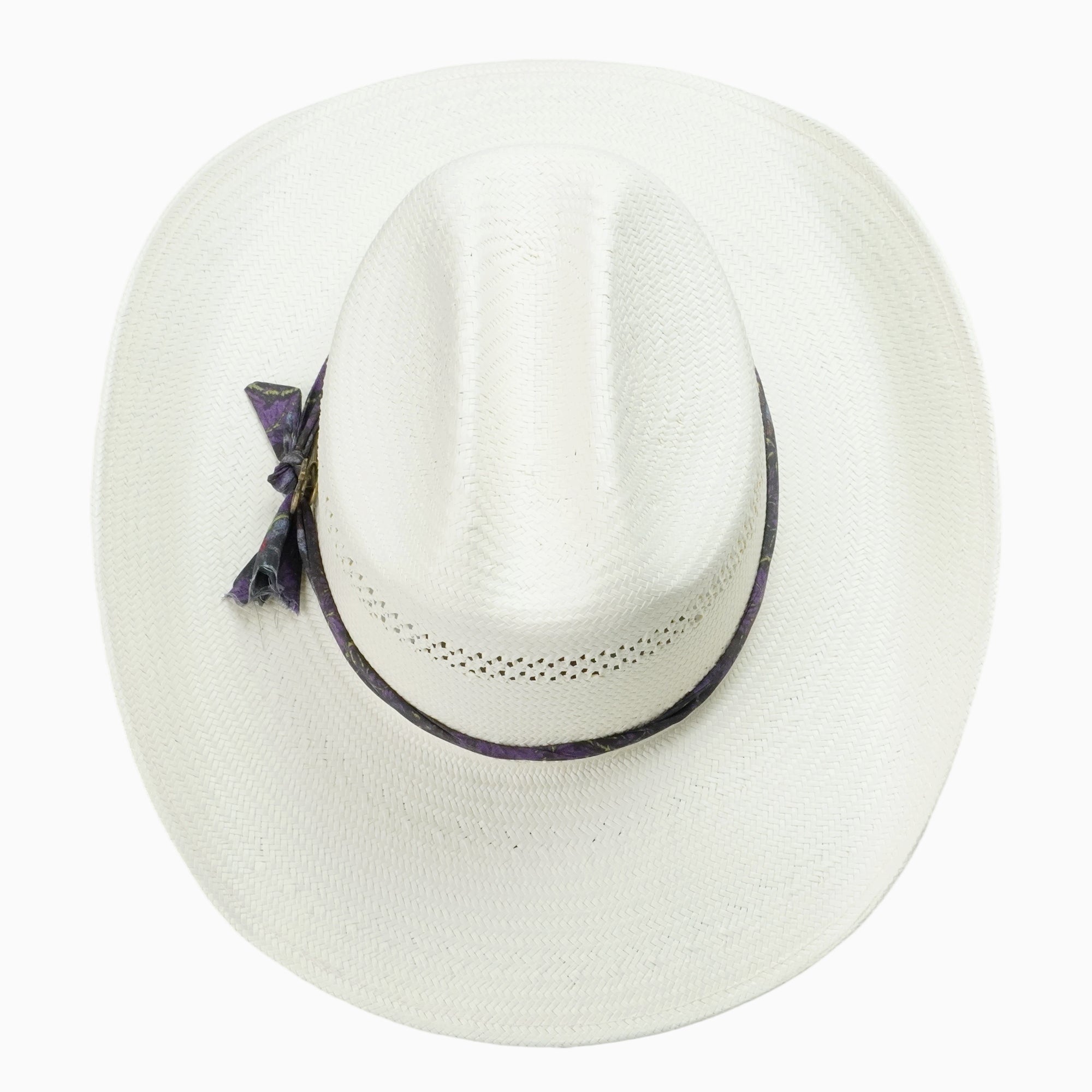 Off-White Breathable Straw Fedora with Patterned Ribbon & Bronze Cat Pin