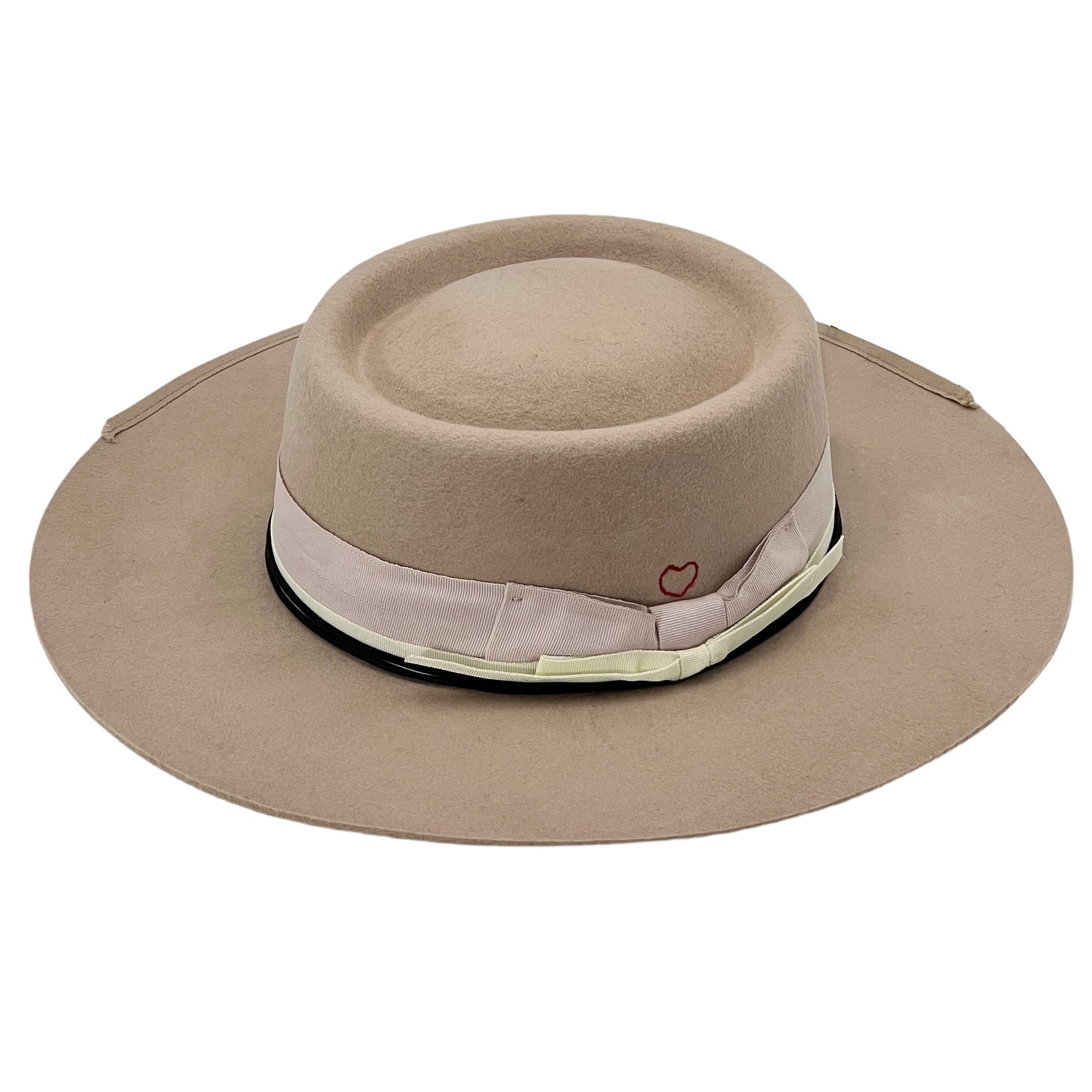 Beige Flat-Brim Hat – Pink Bow & White Band