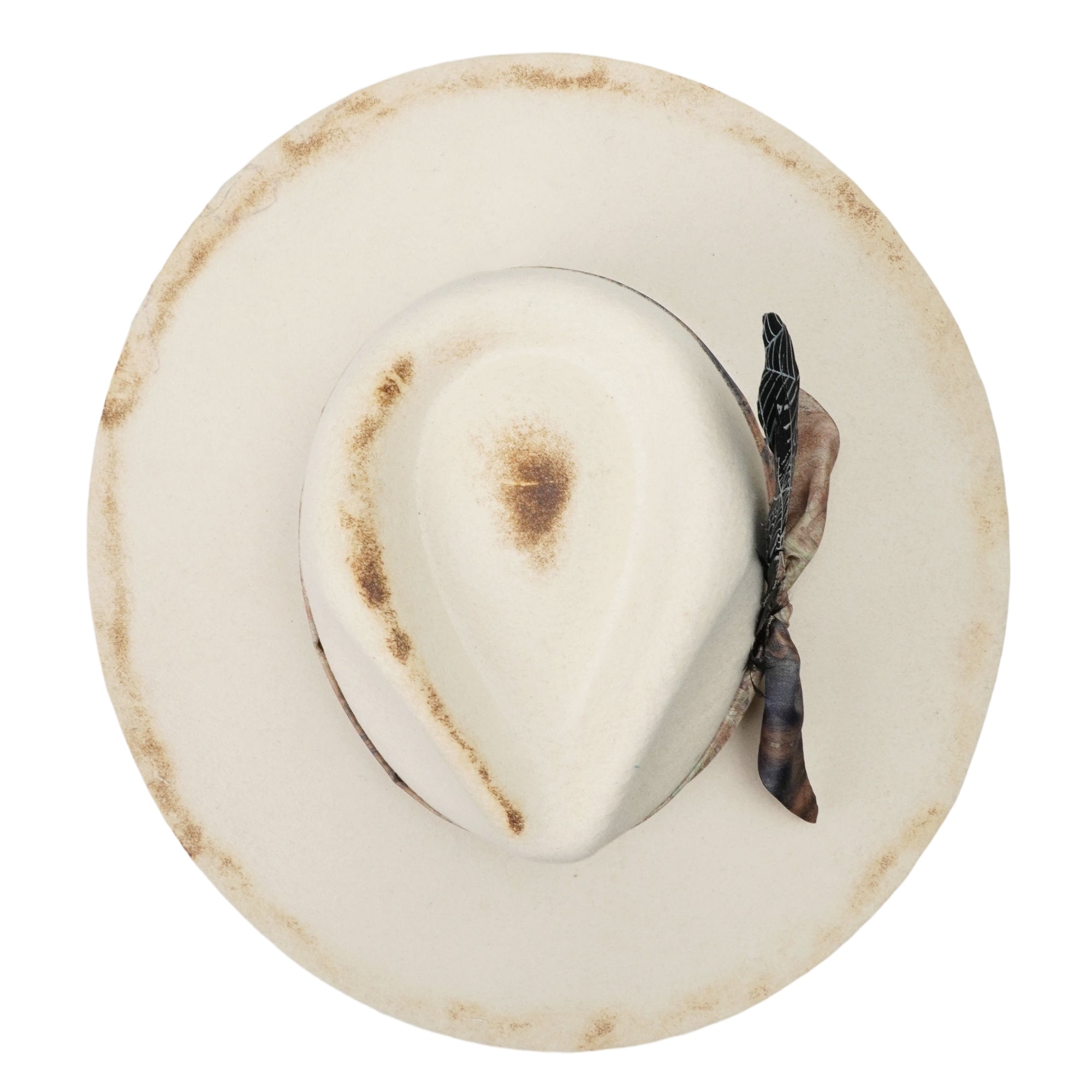 Edgy Felt Hat: Ornate Fabric, Leather, Delicate Feathers
