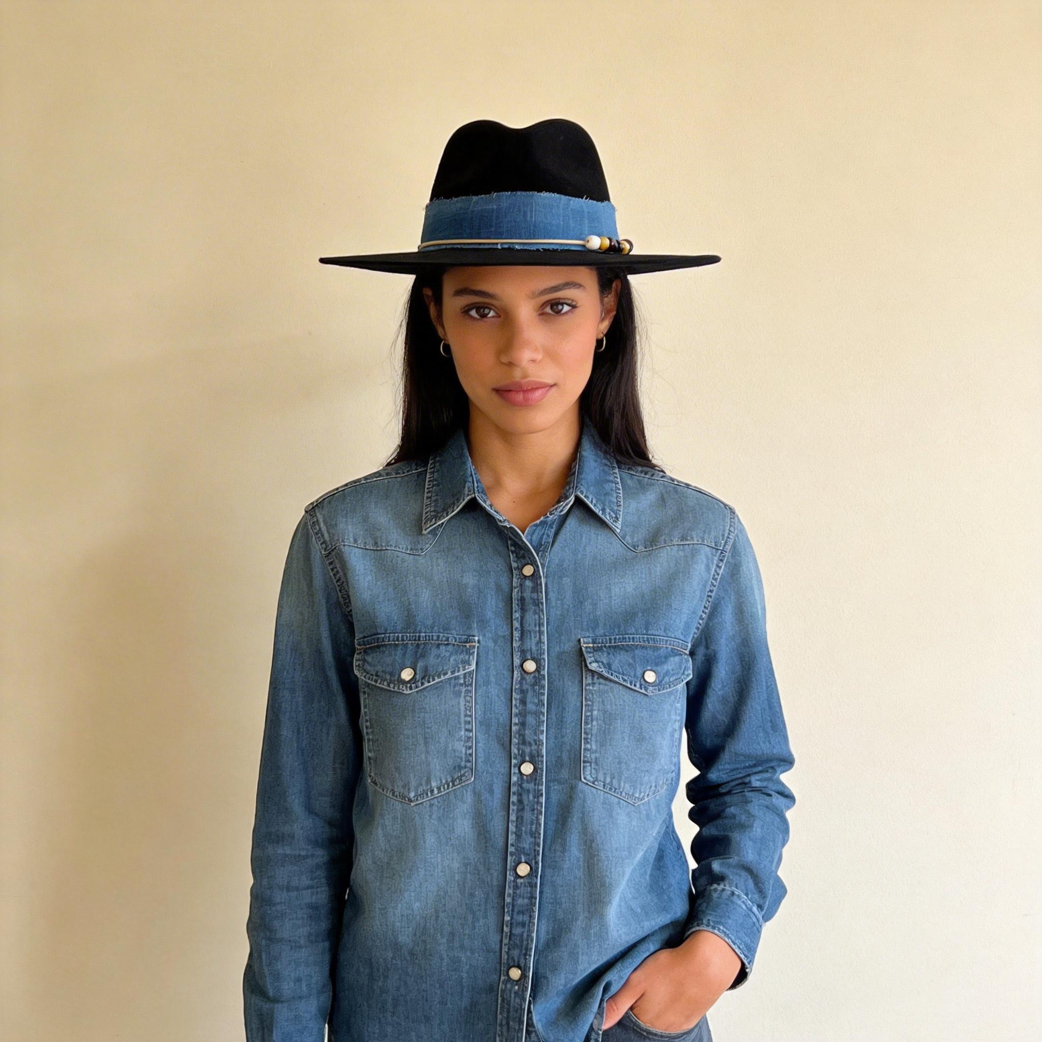 Premium Felt Hat – Blue Fabric & Beads
