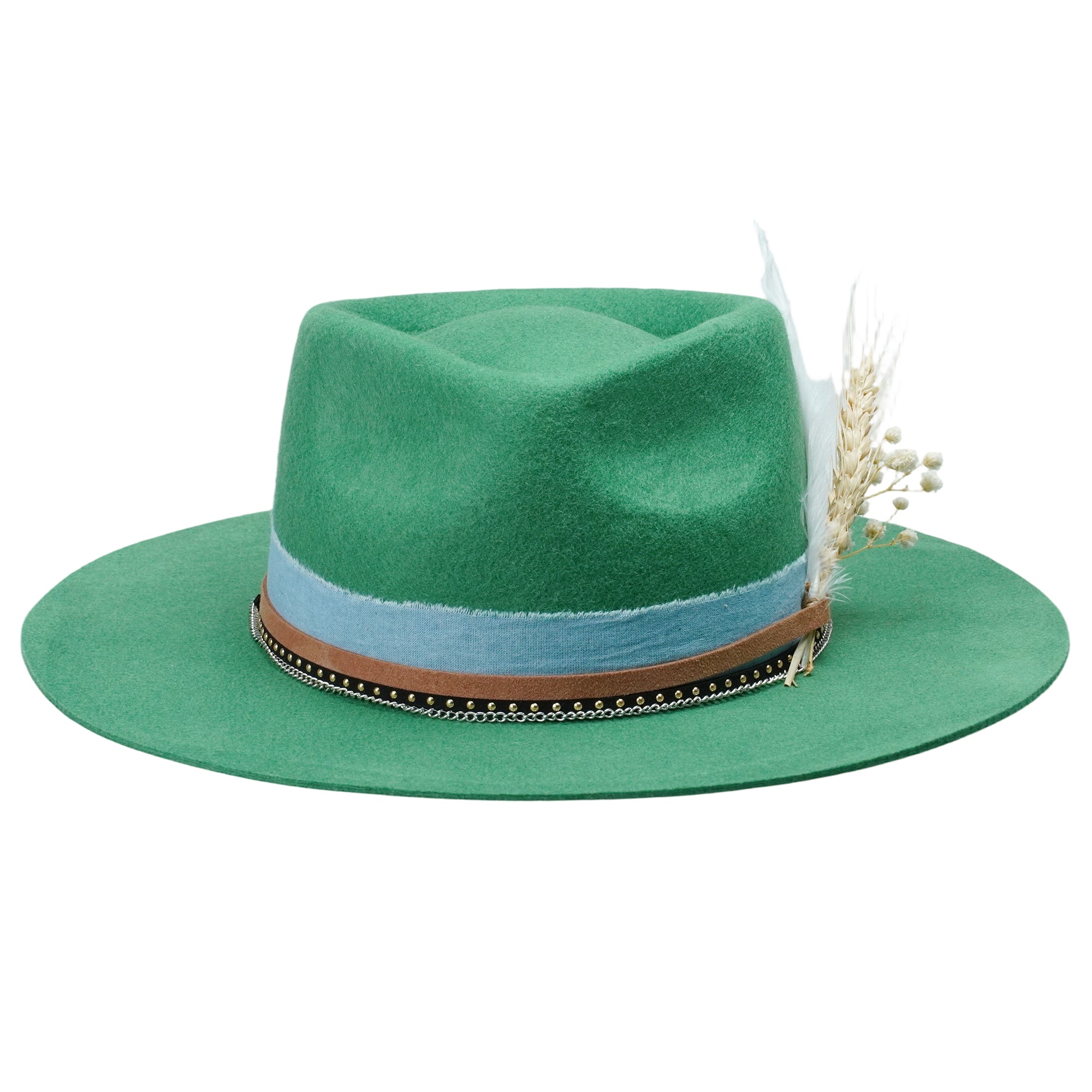 Green Straight Brim Felt Hat with Denim Band